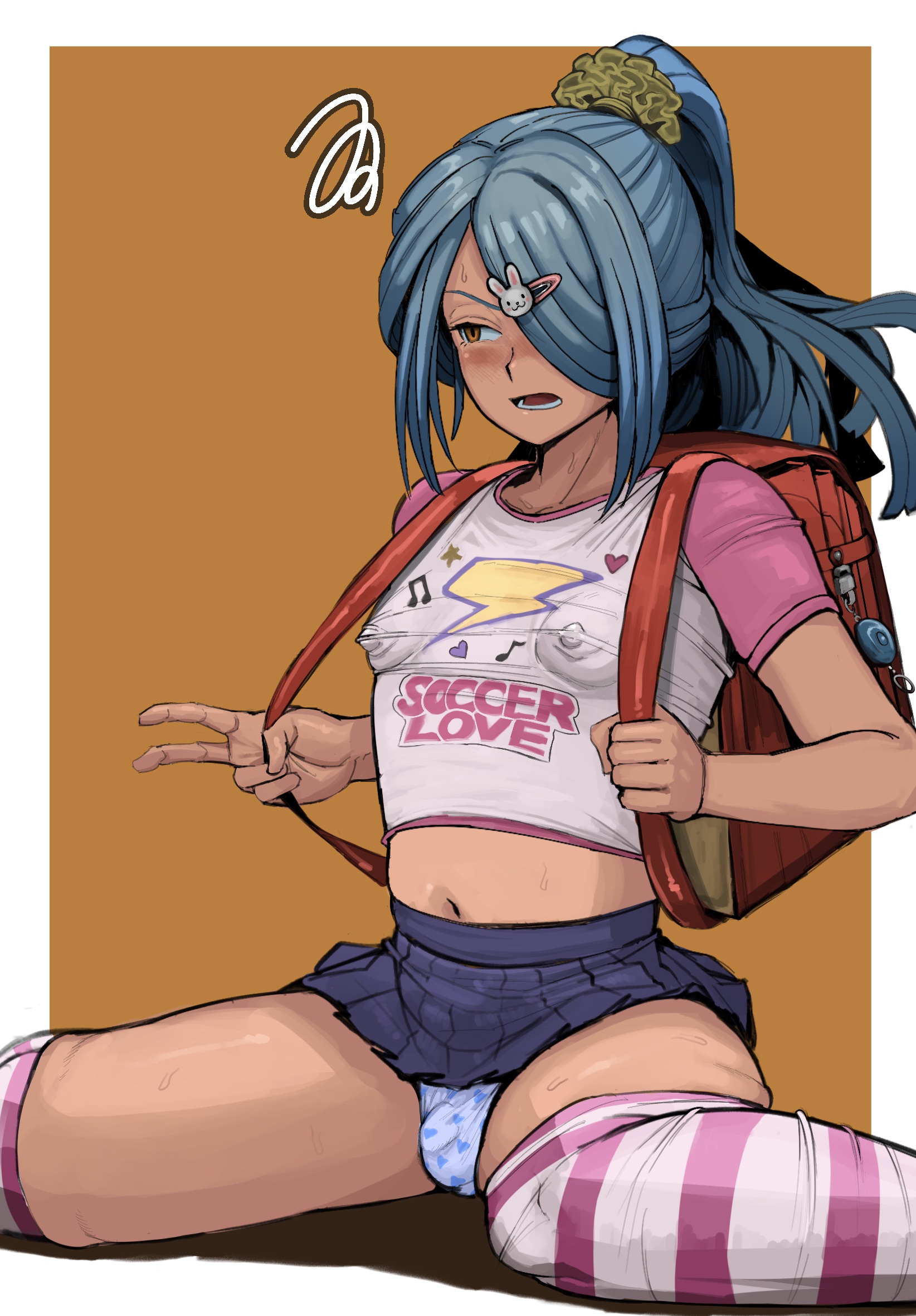 1femboy, angry, annoyed, backpack, bare midriff, blue hair, blue miniskirt, blue panties, blue skirt, bulge through clothing, bulge under clothes, crop top, crossdressing, crossdressing male, cute, cute outfit, disgusted, disgusted look, embarrassed, exposed midriff, femboy, feminine male, graphic tee, hair accessory, hair ornament, hairband, hairpin, hairy, heart panties, ichirouta kazemaru, inazuma eleven, inazuma eleven (series), jojifuku, looking away, m legs, miniskirt, nipple bulge, nipples visible through clothing, on floor, one eye obstructed, orange background, panties, pattern underwear, peace sign, petite, petite body, pink and white socks, ponytail, rabbit hair ornament, randoseru, reluctant, school bag, skimpy, skimpy clothes, skirt, solo, solo focus, striped legwear, striped thighhighs, thick thighs, thighhighs, tied hair, tight clothing, tight fit, toothbrush (artist), trap, twink, undersized clothes, undersized clothing