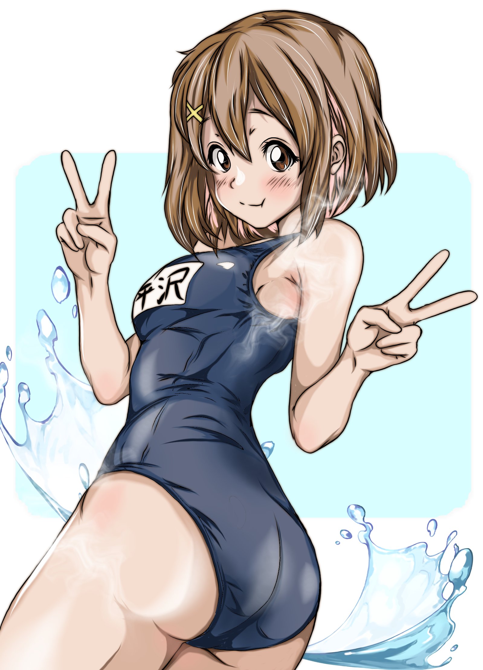 1girl, bare arms, bare shoulders, blush, breasts, brown eyes, brown hair, closed mouth, commentary request, hair between eyes, highres, k-on!, looking at viewer, school swimsuit, sezon, short hair, smile, solo, splashing, swimsuit, yui hirasawa (k-on!)