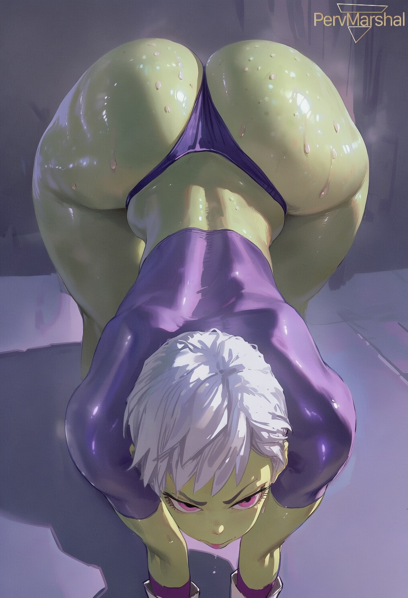 1girls, ai generated, all fours, big ass, cheelai, curvy, dragon ball, female, female only, from above, green skin, huge ass, leaning forward, looking at viewer, marshalperv, pervmarshal, shiny skin, short hair, solo female, thick thighs, white hair, wide hips