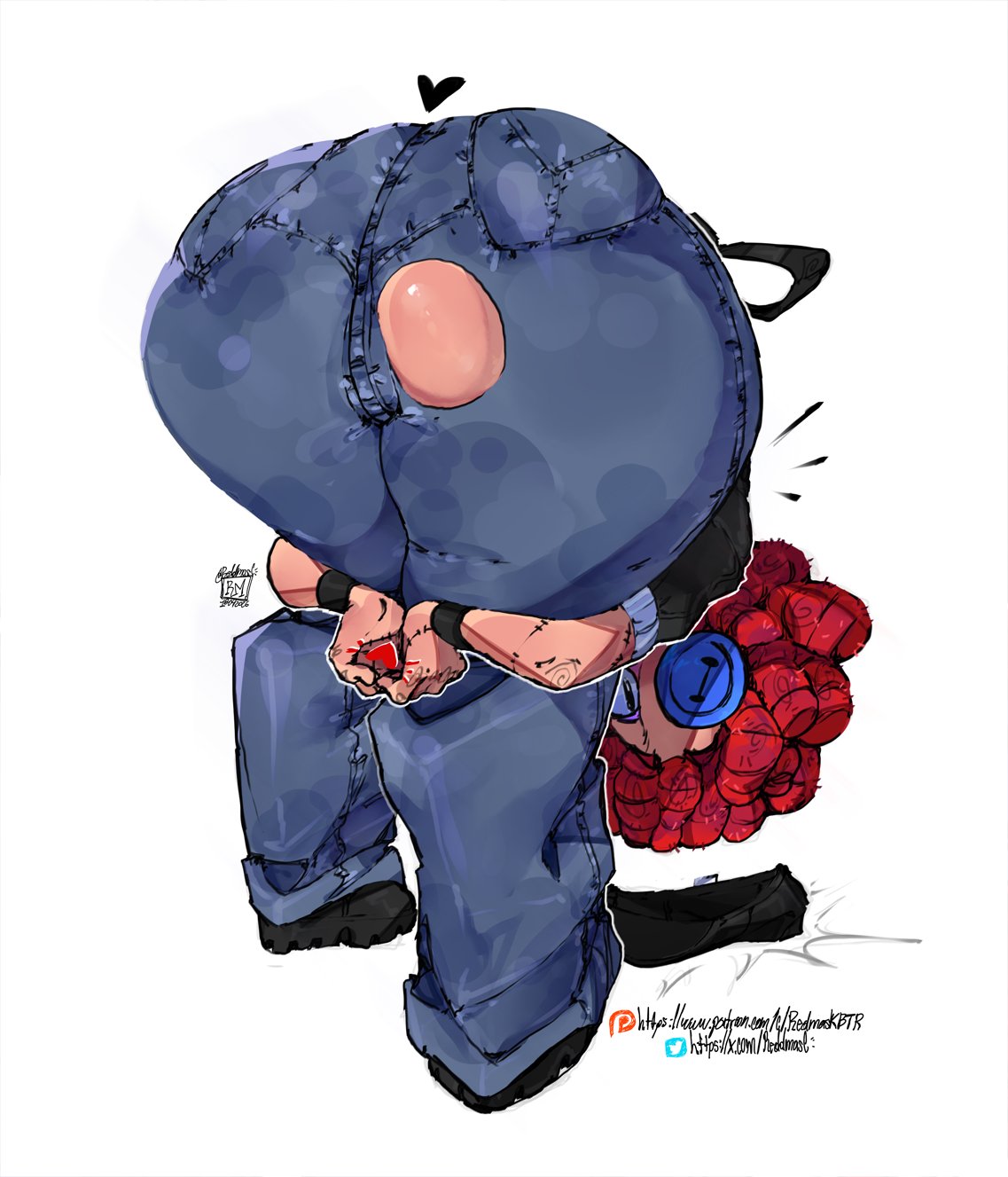 1girls, ass, ass focus, bending over, bent over, big ass, blue jeans, bottom heavy, denim, denim jeans, doll, doll girl, female, female only, hat, heart, heart symbol, huge ass, jeans, jonymascara, looking back, praise da booty (meme), ragatha (the amazing digital circus), reddmasc, ripped clothing, ripped pants, the amazing digital circus