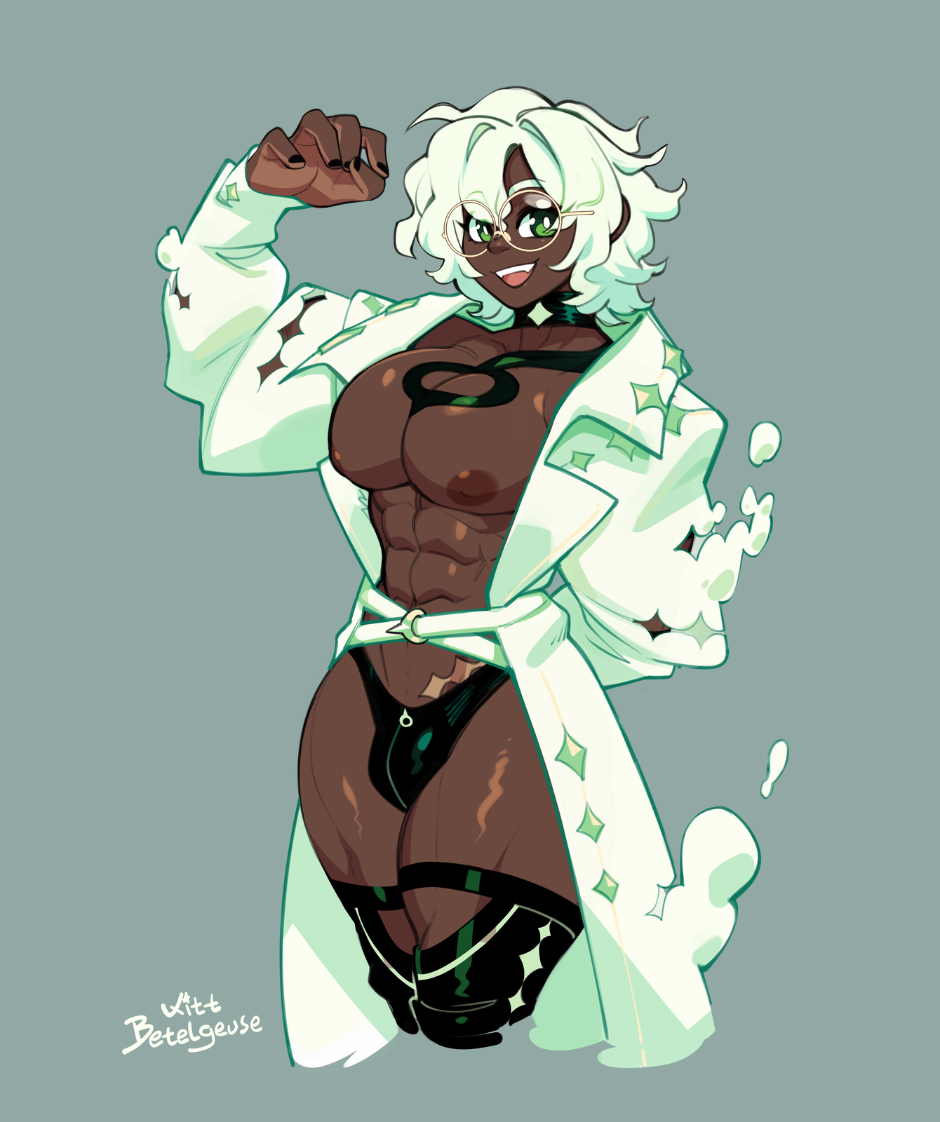 1boy, 1boys, 2024, 2d, abs, barely clothed, belt, black nails, bulge, choker, coat, dark skin, dark-skinned femboy, dark-skinned male, dark-skinned sissy, dark-skinned twink, femboy, grey background, hairless, kittbetelgeuse, large nipples, large pectorals, lucius (kittbetelgeuse), male, medium hair, muscular, muscular abs, muscular chest, muscular male, muscular thighs, no sex, original, original character, round glasses, smile, smiling, solo male, speedo, thick thighs, twunk, white hair, zipper
