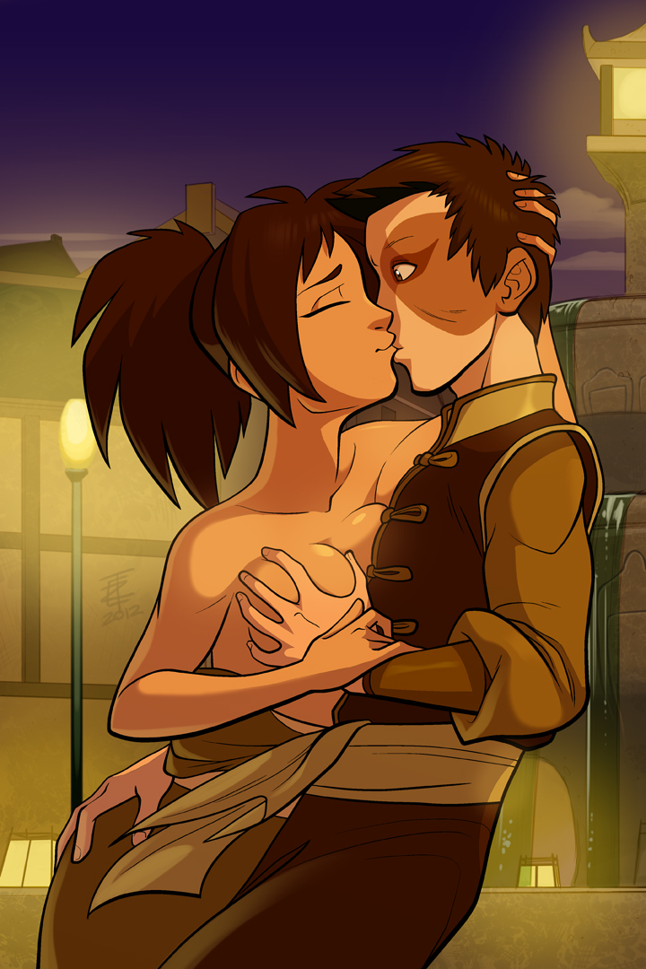 1boy, 1girls, avatar the last airbender, breast grab, breasts, burn scar, clothing, color, digital media (artwork), female, hand on breast, human, imminent sex, jin (avatar), kissing, large breasts, light skin, light-skinned female, male, male focus, nickelodeon, public nudity, scar, straight, teenage female, teenager, topless, zet13, zuko