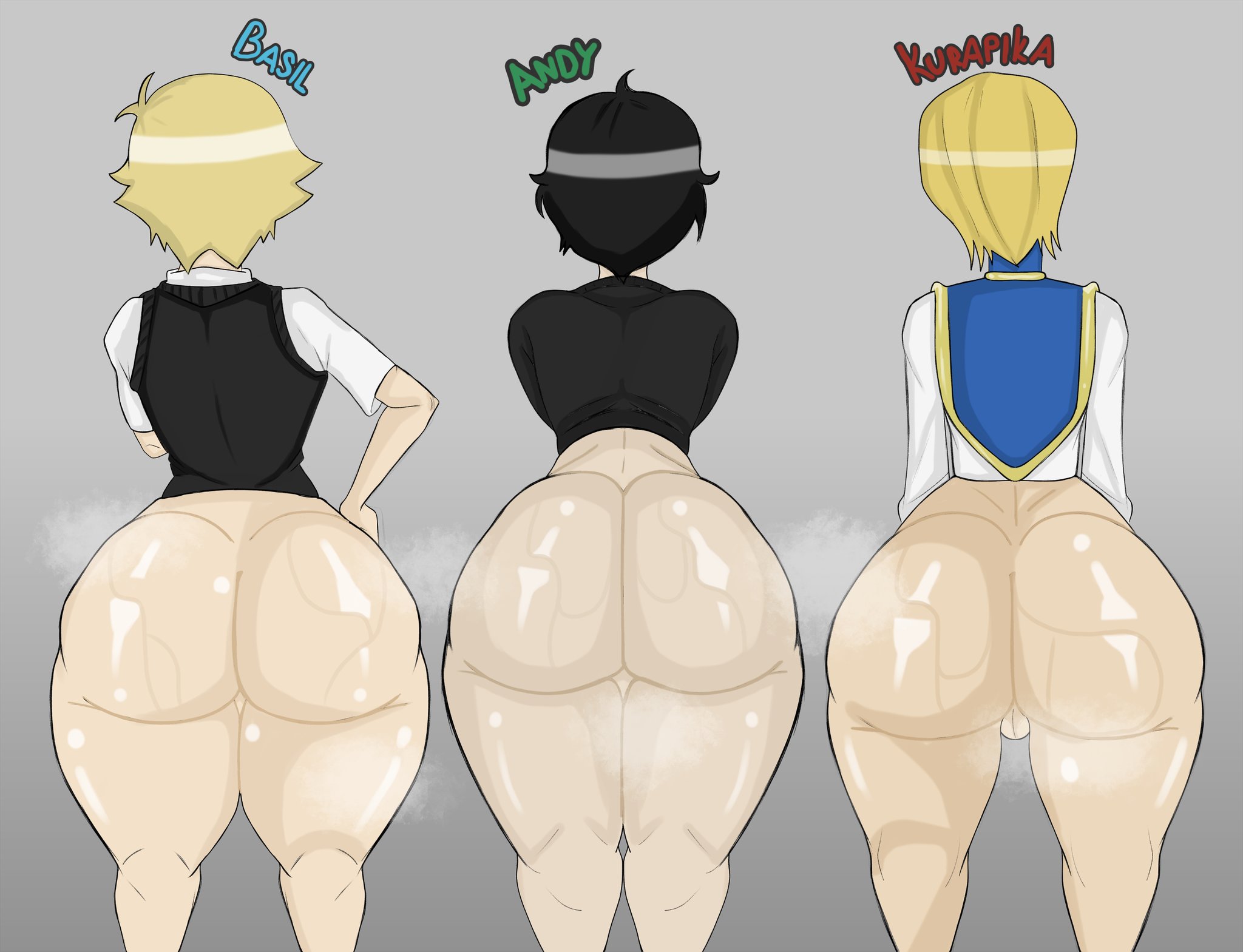 3boys, andrew graves, ass, ass chart, backsack, basil (omori), big ass, black hair, blonde hair, bottom heavy, bottomless, crossover, dumptruck ass, facing away, femboy, huge ass, hunter x hunter, kurapika, male, male only, omori, sweat, sweaty, sweaty ass, sweaty butt, text, the coffin of andy and leyley, thick thighs, yomiee