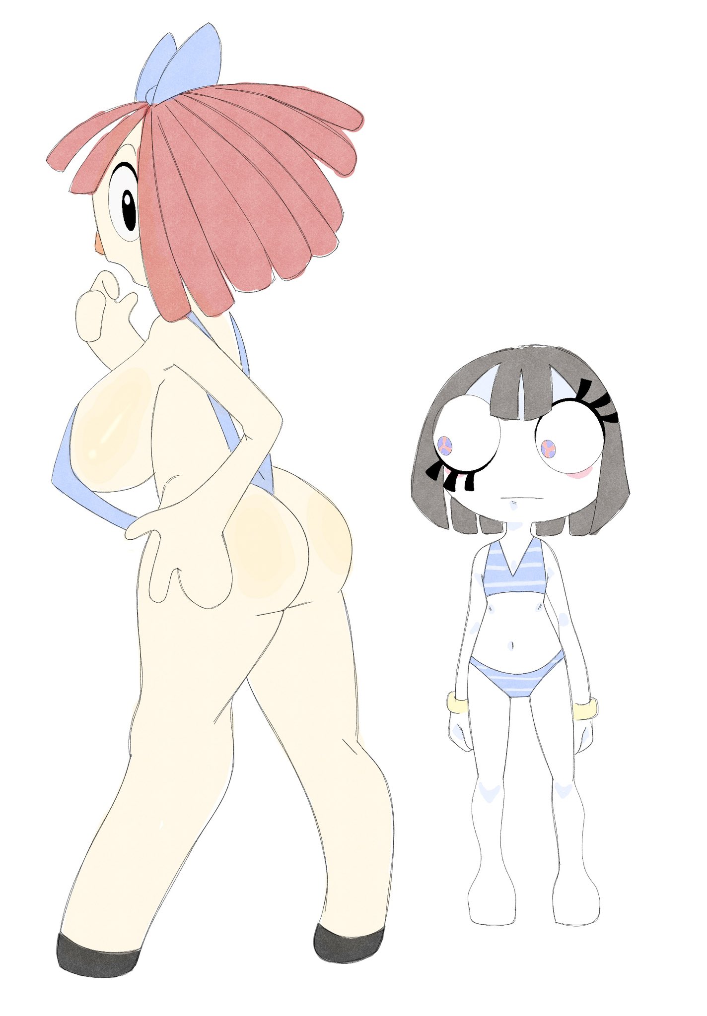 2girls, ass, big breasts, black eyes, bracelet, brown hair, doll girl, female, hair ribbon, multicolored eyes, p3k02, pomni (beach outfit), pomni (the amazing digital circus), ragatha (the amazing digital circus), red hair, red nose, sideboob, size difference, sketch, sling bikini, swimsuit, the amazing digital circus