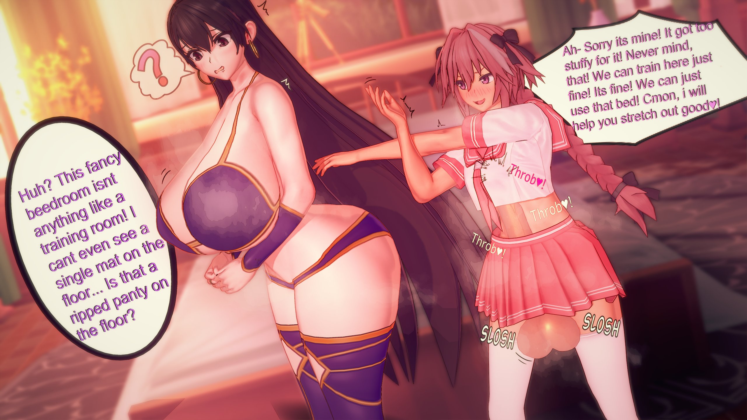 1girls, 3d, astolfo (fate), baobabz, bedroom, big ass, big breasts, big penis, bigger female, breasts, dialogue, english text, erection, female, femboy, huge breasts, huge cock, hung femboy, imminent sex, male, mature, penis, small dom big sub, straight, text, xuangzang sanzang (fate), xuanzang (fate)