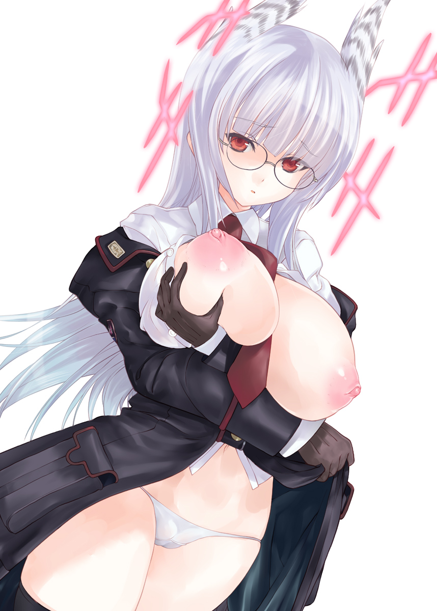 areola breast_grab breasts cleavage clothing glasses heidemarie_w._schnaufer inverted_nipples large_breasts megane miwa_yoshikazu nipple_slip nipples panties stockings strike_witches thighhighs underboob