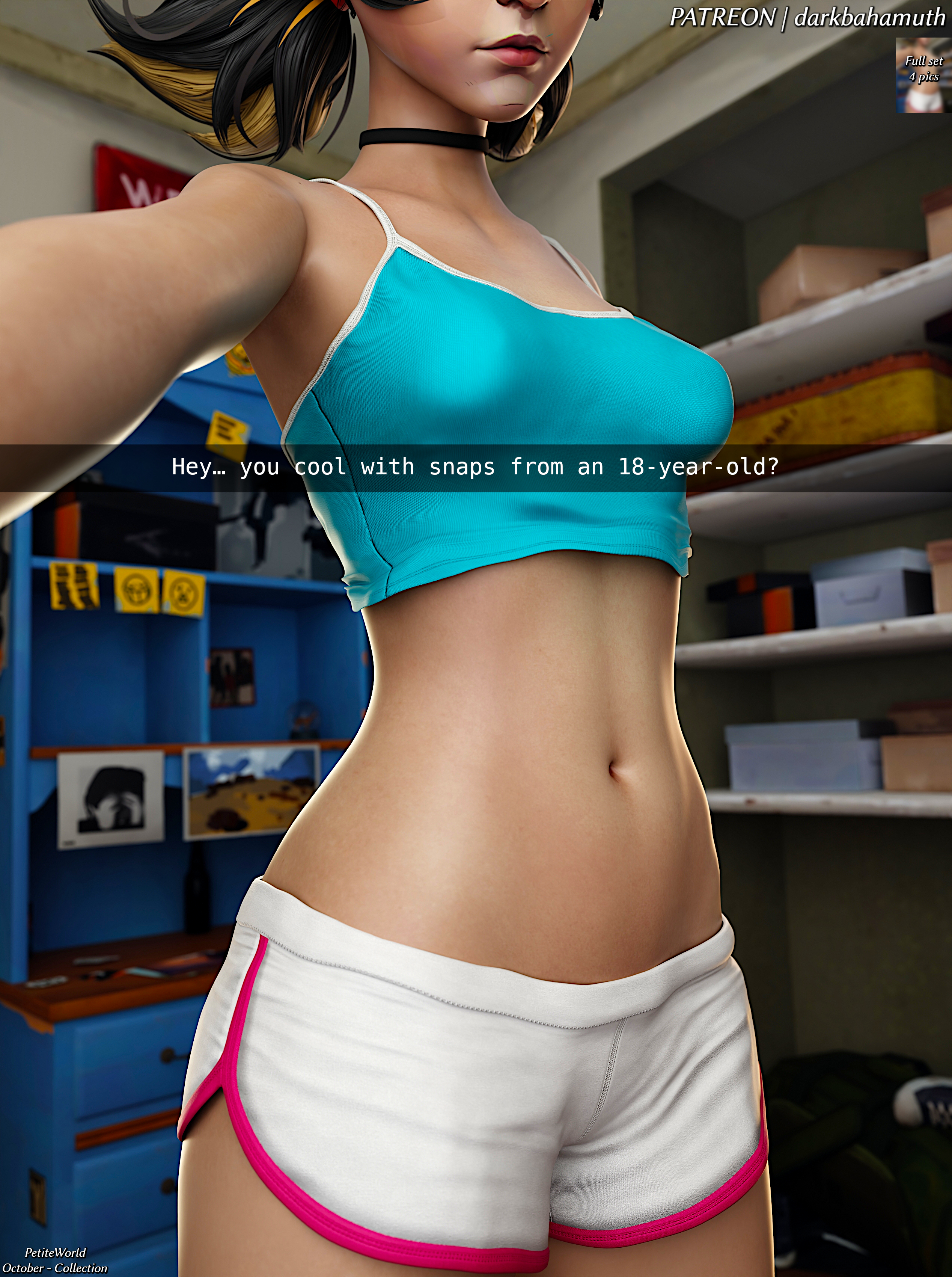 18yo, 3d, 3d (artwork), belly, belly button, brat, bratty, crop top, darkbahamuth, female, female torso, marvel, marvel comics, marvel rivals, midriff, peni parker, peni parker (marvel rivals), petite, petite body, petite female, pinup, sfw, shorts, teenage female, teenager, tummy, young