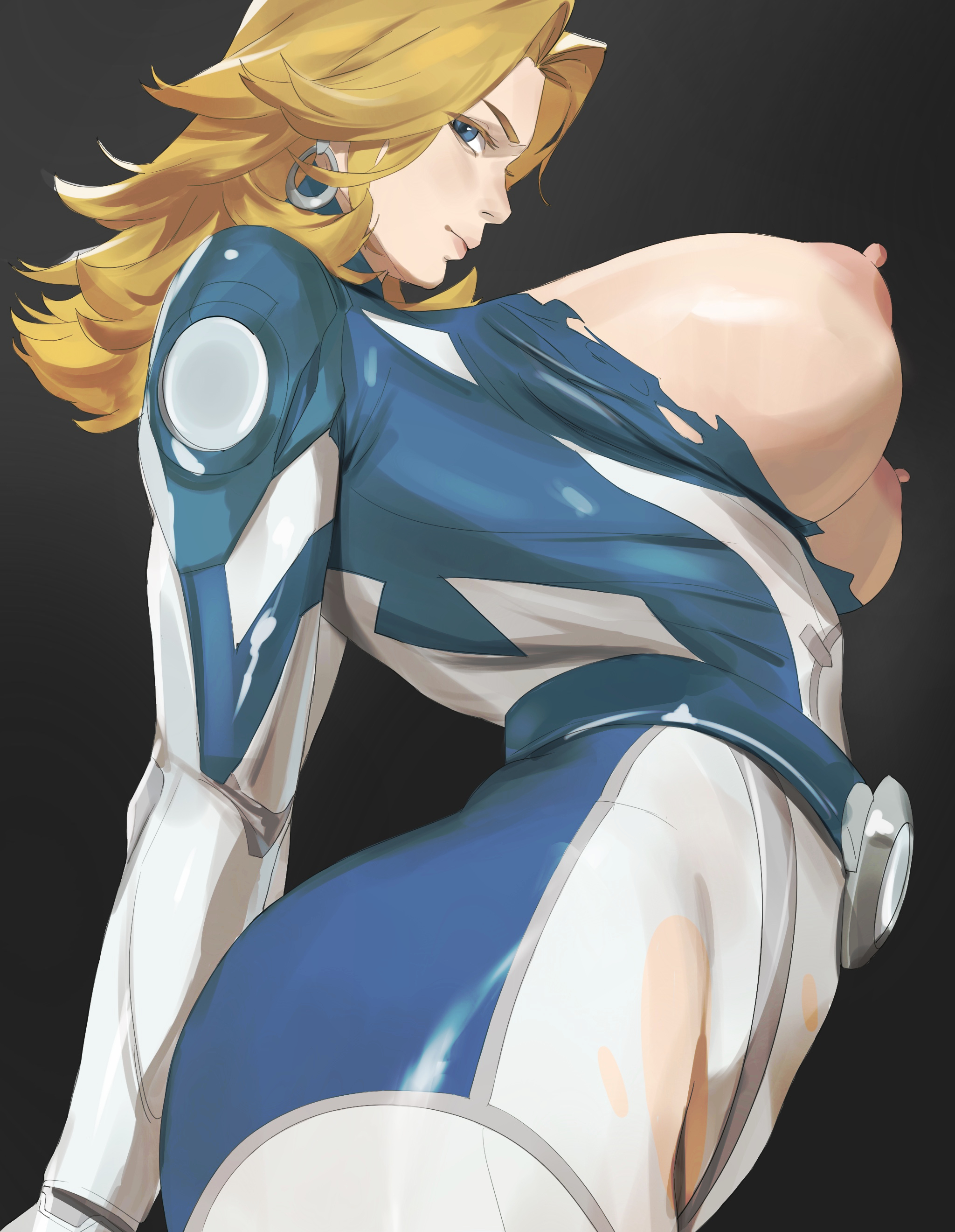 1girls, 2d, absurdres, alternate version available, arched back, areolae, ass, battle damage, big breasts, black background, blonde female, blonde hair, blue eyes, blush, bodysuit, breasts, breasts bigger than head, breasts out, cleavage, closed mouth, commentary, cowboy shot, curvy, double v, earrings, fantastic four, female, female only, from above, from side, heart, heroine, highleg, highleg leotard, highres, hips, hoop earrings, hourglass figure, invisible woman, invisible woman (marvel rivals), jewelry, large ass, large breasts, leotard, light skin, light-skinned female, long hair, looking at viewer, marvel, marvel comics, marvel rivals, multicolored leotard, nipples, pussy, ripped clothing, shy, sideways glance, simple background, skin tight, smirk, solo, stripped, sue richards, sue storm, superhero costume, taiyang yu, thick ass, thick thighs, torn bodysuit, torn clothes, torn clothing, torn leotard, two-tone leotard, white background, wide hips