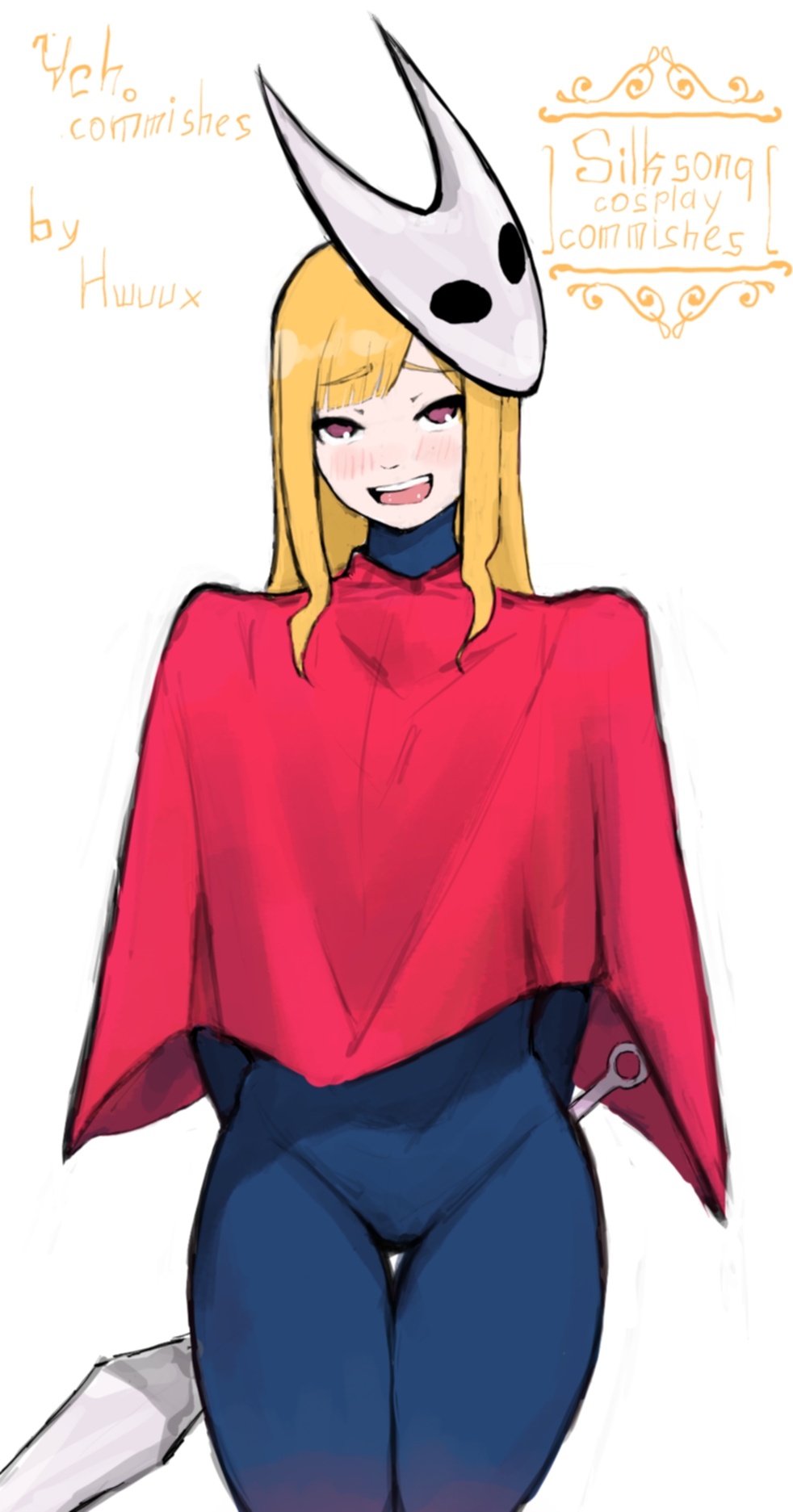 1girls, blonde hair, blue bodysuit, blush, bodysuit, cloak, cosplay, female, female only, hollow knight, hollow knight: silksong, hornet (hollow knight), hornet (hollow knight) (cosplay), hwuux, jpeg, kitagawa marin, looking at viewer, mask, my dress up darling, pink eyes, red cloak, smile, solo, sono bisque doll wa koi wo suru, thighs
