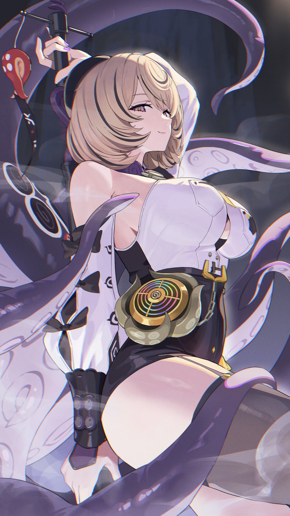 1girls, black hair, black hat, black shorts, black thighhighs, blonde hair, breasts, commentary request, detached sleeves, female, female only, from side, hat, high-waist shorts, highres, large breasts, looking at viewer, monster girl, multicolored hair, purple eyes, scylla, shirt, shorts, sideways glance, single thighhigh, solo, streaked hair, tem (tempainting1), tentacle, thighhighs, two-tone hair, white shirt, yidhari murphy, zenless zone zero