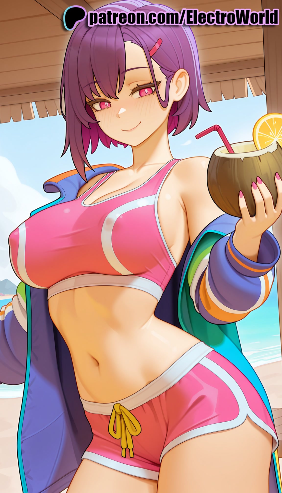 1girls, 2025, ai generated, artist name, beer mug, breasts, bubble tea, bust, chest, cup, day, disposable cup, drink, drinking glass, drinking straw, electroworld, female, food, hair ornament, hairclip, hi res, high quality, high resolution, highres, holding, holding cup, holding drink, jacket, mikazuki shizuka, nail polish, navel, off shoulder, patreon, patreon username, pink nails, purple hair, purple-haired female, short hair, shorts, smile, solo, stable diffusion, tray, tropical drink, watermark, zom 100: zombie ni naru made ni shitai 100 no koto