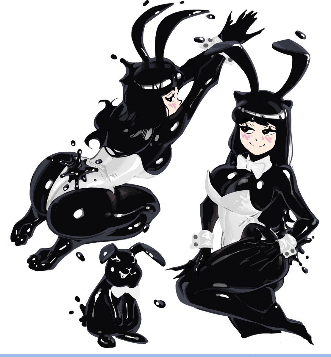 2024, 2d, big ass, blush, blush lines, breasts, bunny ears, bunnysuit, curvy, feet, female, goo, iamunagii, large ass, large breasts, liquid body, liquid hair, liquid latex, looking away, posing, presenting ass, rabbit ears, slime, slime girl, smirk, smirking, sumi (iamunagii), thick thighs, white skin