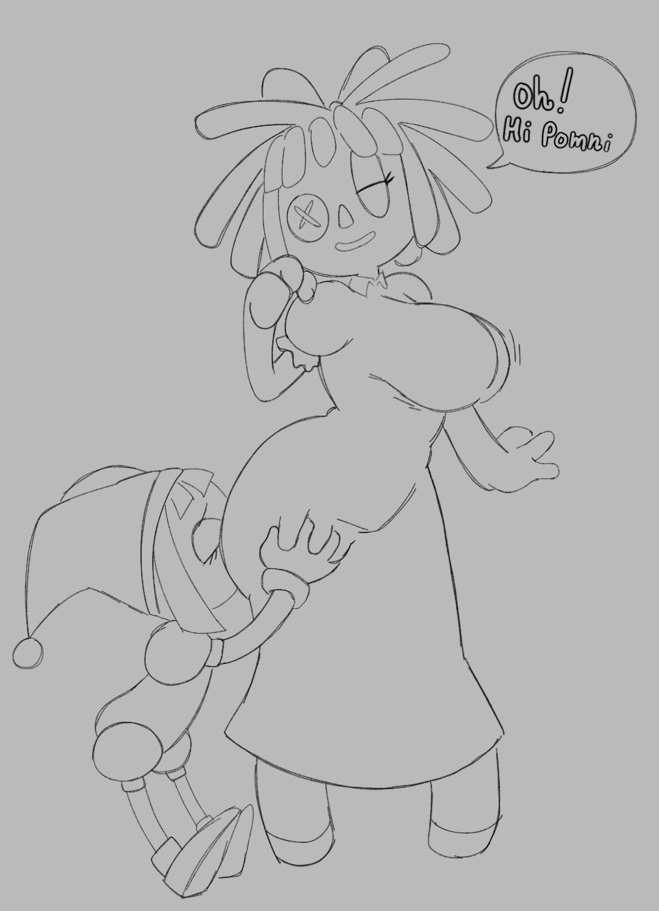 2girls, big breasts, dress, face against ass, female, jester hat, jester outfit, p3k02, pomni (the amazing digital circus), ragatha (the amazing digital circus), rolled eyes, size difference, sketch, sniffing ass, speech bubble, the amazing digital circus, yuri