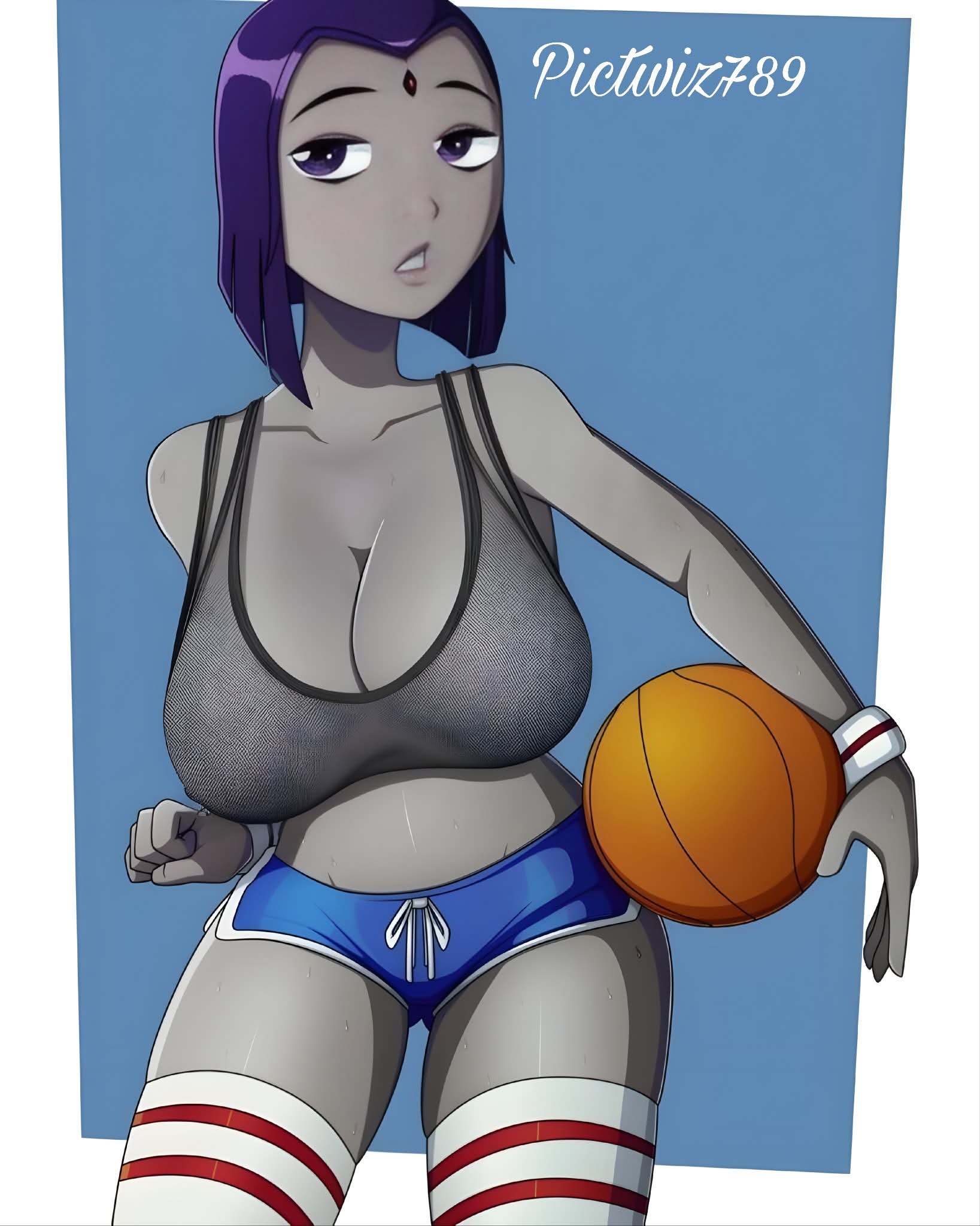 ai generated, ass, basketball, basketball uniform, big ass, big breasts, breasts, female, purple hair, raven, raven (dc)