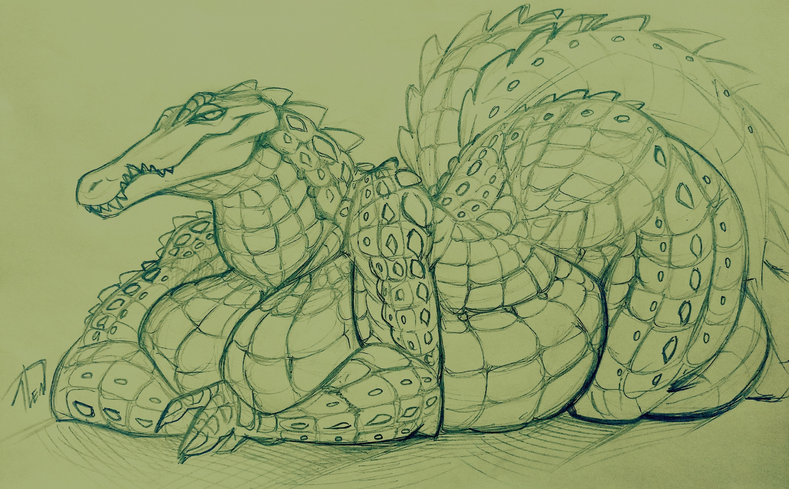 alligator, alligator tail, alligatorid, anthro, anthro female, artist name, artist signature, ass, ass up, breasts, breasts bigger than head, crocodile tail, crocodilian, crocodylid, crocodylomorph, deinosuchus, dinosaur, female, green background, green scales, huge ass, huge belly, huge breasts, huge female, hungry eyes, long tail, looking at viewer, mature female, milf, overweight, overweight anthro, overweight female, prehistoric species, reptile, reptile girl, reptile humanoid, reptilian, smile, smiling at viewer, spikes (anatomy), tail, teeth, teeth out, thick neck, thick thighs, thighs, tlen borowski, traditional media (artwork), wide hipped anthro, wide hipped female, wide hips