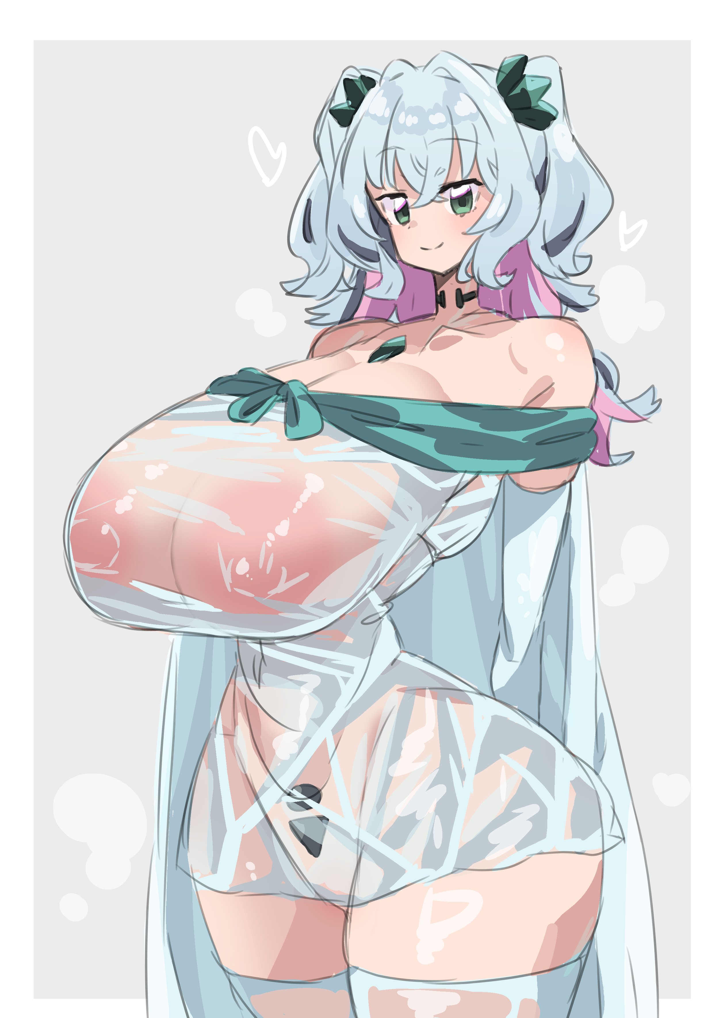akan mori, arms behind back, blush, breasts, closed mouth, crysta (duel masters), dress, duel masters, duel masters lost, female, gigantic breasts, heart, heart reaction, hourglass figure, huge areolae, huge nipples, nipples visible through clothing, see-through, see-through dress, smile, steam, sweat, sweaty, sweaty clothes, thick thighs, wide hips