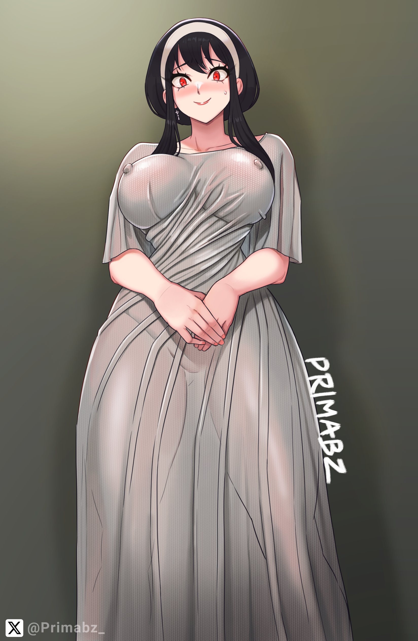 1girls, big breasts, black hair, blush, breasts, dress, ear piercing, earrings, female, female only, hair, huge breasts, mature, mature female, mature woman, milf, nipple bulge, nipples, nipples visible through clothing, power of women dress, primabz, red eyes, revealing clothes, see-through clothing, see-through dress, solo, solo female, spy x family, thighs, white dress, yor briar