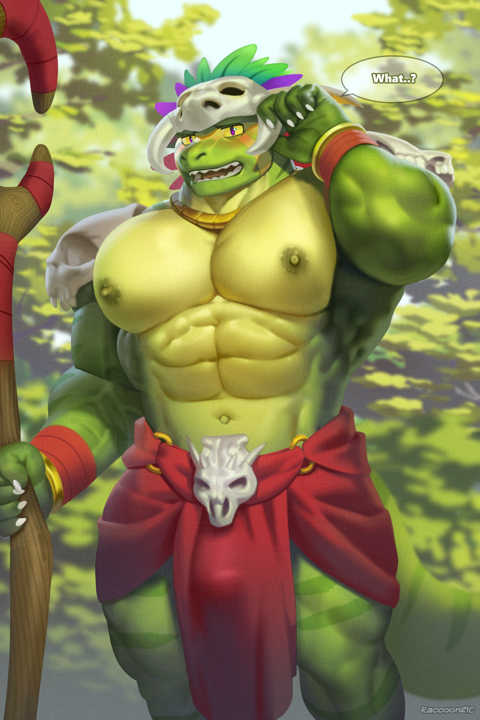 2:3, 2026, 5 fingers, abs, absurd res, anthro, areola, armor, artist name, big muscles, big pecs, biped, blurred background, bone, bone mask, bottomwear, bulge, claws, clothed, clothed anthro, clothed male, clothing, detailed bulge, dialogue, digital media (artwork), english text, facial markings, finger claws, fingers, flaccid, forest, forest background, genital outline, glistening, glistening abs, glistening eyes, glistening pecs, gold (metal), gold jewelry, gold necklace, green areola, green body, green nipples, green scales, green tail, head markings, hi res, holding object, holding staff, jewelry, lihzahrd, loincloth, loose feather, male, male anthro, male only, markings, mask, muscular, muscular anthro, muscular male, nature, nature background, navel, necklace, nipples, open mouth, pecs, penis outline, plant, purple eyes, raccoon21, red bottomwear, red clothing, red loincloth, reptile, scales, scalie, shimmered witch doctor, shoulder guards, skull, skull mask, solo, speech bubble, staff, striped body, striped markings, striped scales, striped tail, stripes, tail, tail markings, teeth, terraria, text, tongue, tongue showing, tree, vein, veiny muscles, white claws, witch doctor (terraria), yellow markings, yellow sclera