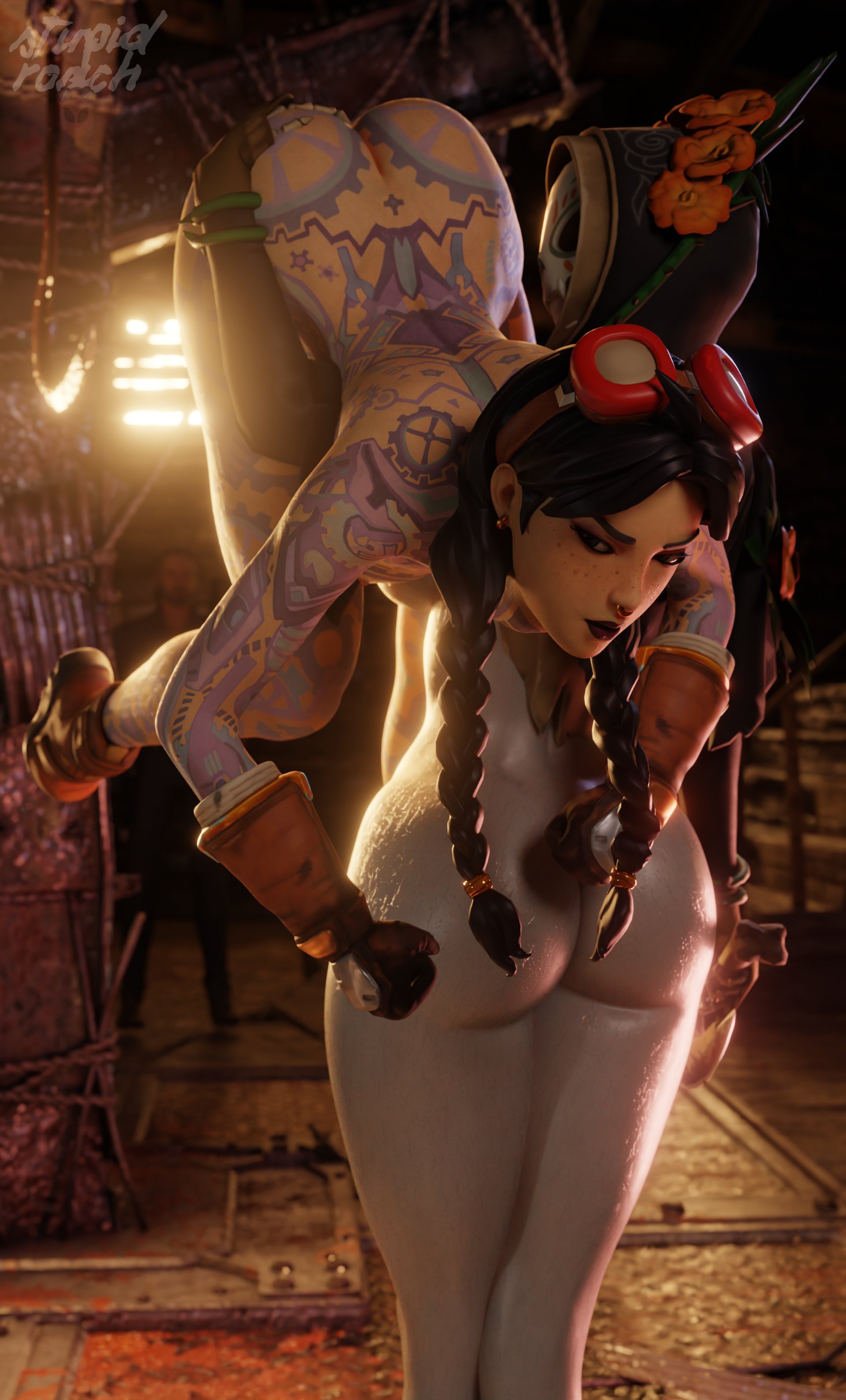 2girls, 3d, areolae, ass, back view, big ass, big breasts, black gloves, black hair, black lipstick, bracelet, braid, braided hair, breasts, breasts out, catrina (fortnite), curvy, dark hair, earrings, epic games, exposed breasts, female, female focus, female only, fortnite, fortnite: battle royale, freckles, freckles on face, gloves, goggles, horny, horny female, jules (fortnite), light skin, light-skinned female, looking at viewer, mask, nipples, nude, nude female, pussy, septum piercing, septum ring, stupidroach, tattoo, tattoos everywhere, thick ass, thick thighs, thighs, vagina