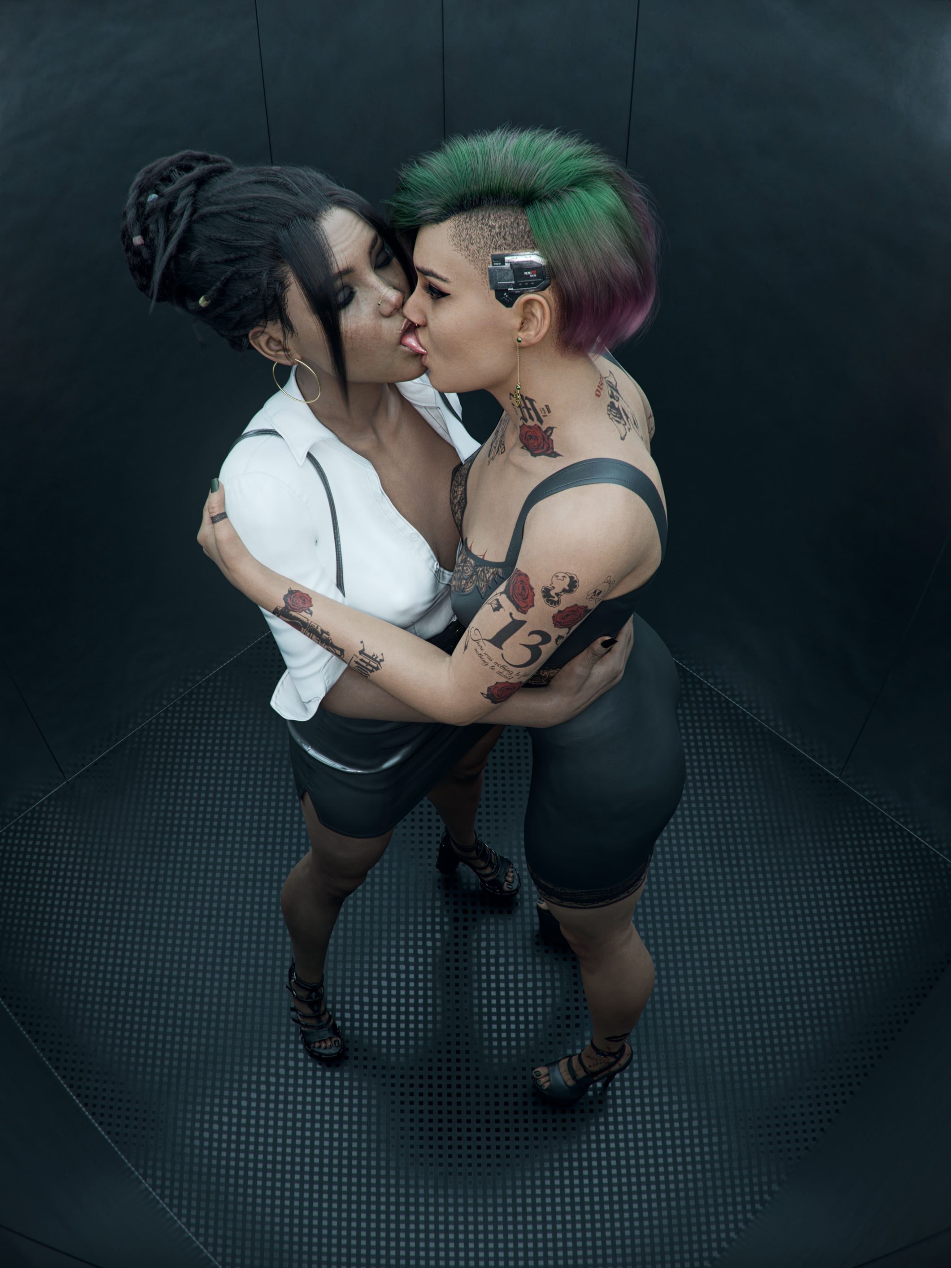 3d, breasts, cd projekt red, checkpik, cybernetics, cyberpunk 2077, earrings, elevator, female, green and purple hair, high heels, hoop earrings, hugging while kissing, judy alvarez, kissing while hugging, lesbian kiss, nose piercing, office clothing, panam palmer, tattoo on arm, tattoo on back, tattoo on breast, tattoo on neck, voyeur pov, yuri