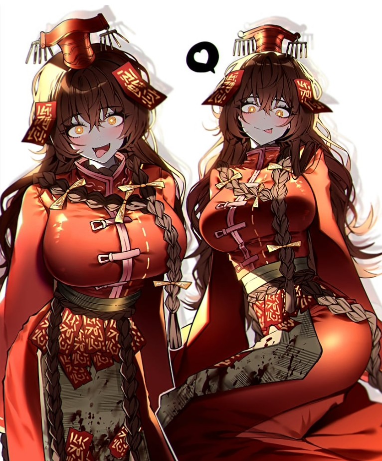 ai generated, big ol pair of tittys, braided hair, breasts, dress, female, freaky boi, huge breasts, limbus company, orange eyes, project moon, psychopath, rule 63, tagme, talisman, xue pan (limbus company), yandere
