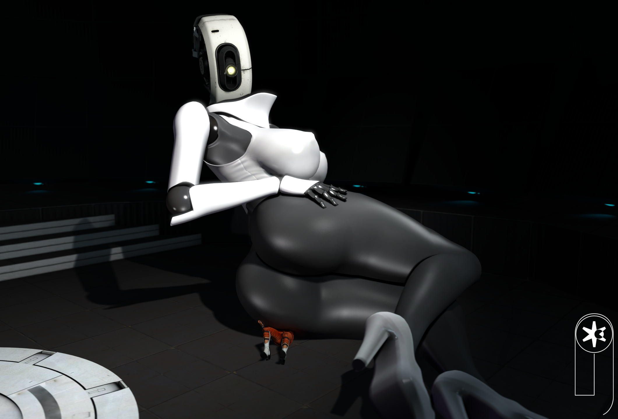 2girls, 3d, ass, black butt, breasts, breasts out, buttcrush, buttcrush aftermath, chell, female, fingering, fingers, giant ass, giant breasts, giant butt, giantess, glados, glados (central core), glados (humanoid), haydee, haydee (game), haydee body, huge ass, huge breasts, huge butt, human, humongous ass, humongous breasts, lair, nipple bulge, nipples, portal, portal (series), portal 2, robot girl, robot humanoid, shoes, white body