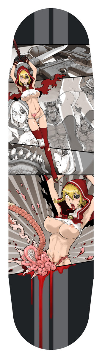 amputee armpits arms_up big_bad_wolf_(grimm) black_gloves blonde_hair blood bondage breasts cape clothes clothing combat_knife comic eye_patch eyewear fairy_tales female freckles gloves gore grimms'_fairy_tales gun guro handgun highres hood intestines large_breasts little_red_riding_hood little_red_riding_hood_(grimm)momo_tai mauser_c96 momo_tai nipples open_mouth panties red_eyes red_legwear screaming side-tie_panties silent_comic stockings sweat thighhighs torn_thighhighs underboob underwear weapon werewolf