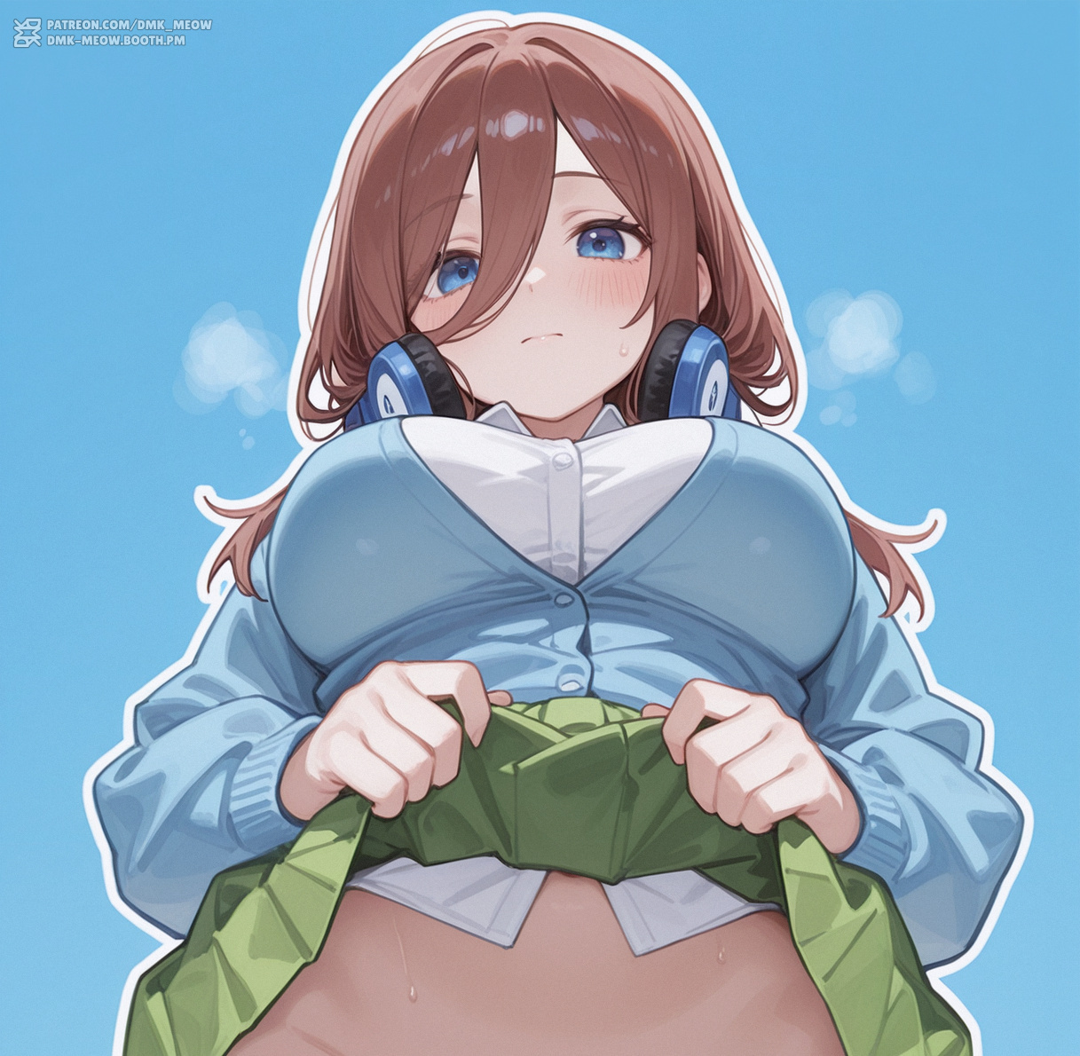 1girls, ai generated, blue background, blue cardigan, blue eyes, blush, breasts, brown hair, buttons, cardigan, closed mouth, clothes lift, clothes pull, clothing, collared shirt, dmk meow, fanbox username, female, from below, go-toubun no hanayome, green skirt, hair between eyes, headphones, headphones around neck, large breasts, lifted by self, long bangs, long hair, long sleeves, looking at viewer, looking down, nakano miku, no panties, out-of-frame censoring, patreon username, pleated skirt, pussy out of frame, school uniform, shirt, simple background, skirt, skirt lift, skirt pull, solo, sweat, twitter username, uniform, upper body, web address, white shirt