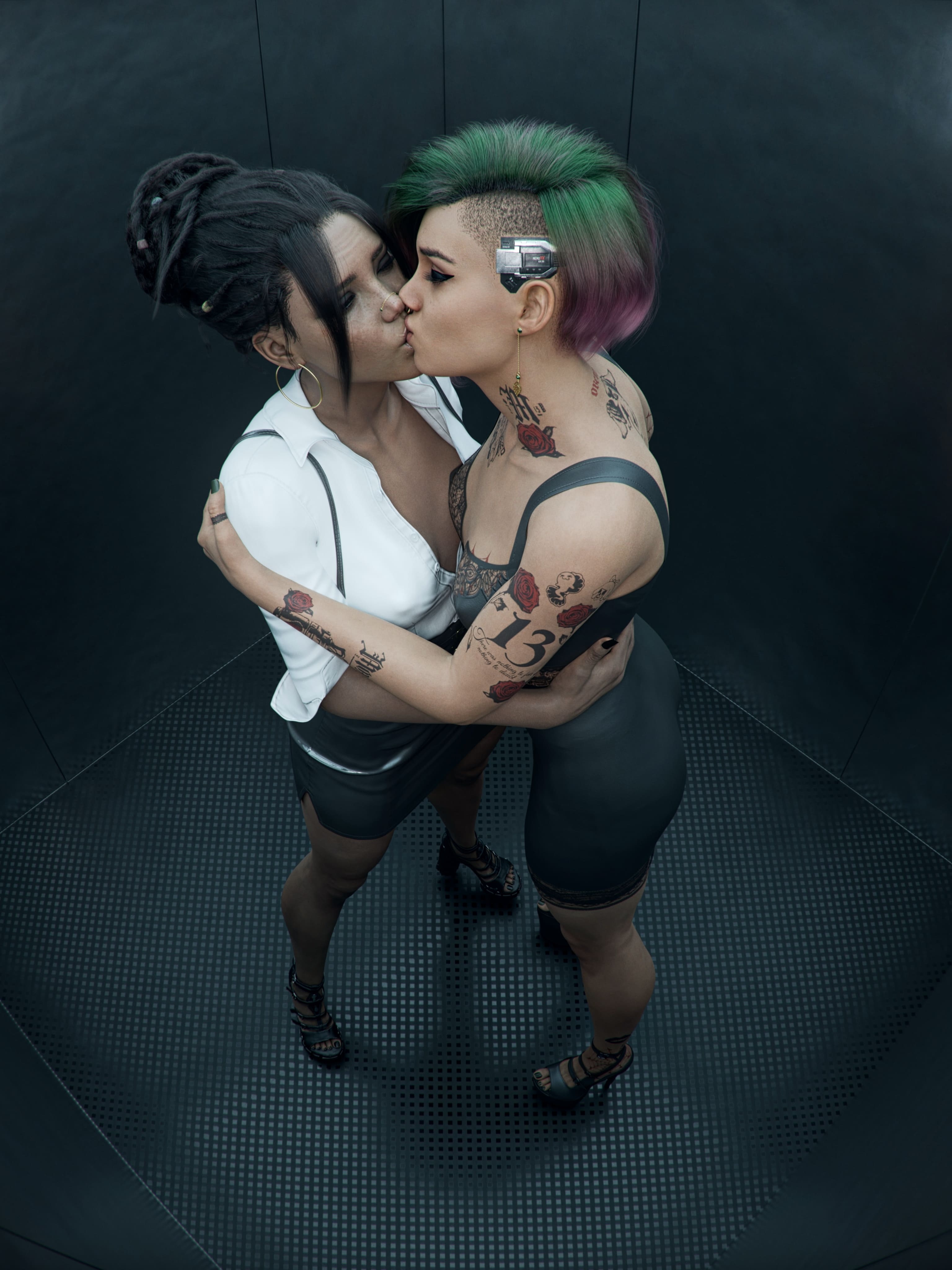 3d, breasts, cd projekt red, checkpik, cybernetics, cyberpunk 2077, earrings, elevator, female, green and purple hair, high heels, hoop earrings, hugging while kissing, judy alvarez, kissing while hugging, lesbian kiss, nose piercing, office clothing, panam palmer, tattoo on arm, tattoo on back, tattoo on breast, tattoo on neck, voyeur pov, yuri