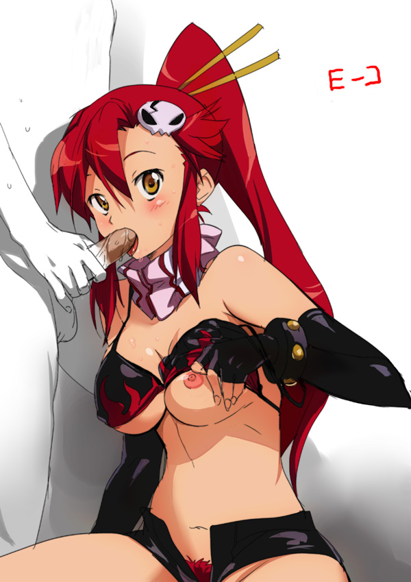 bikini_lift bikini_top breasts brown_eyes fellatio female fingerless_gloves gloves hair_ornament human male melon_sakiguchi nipples oral ponytail pubic_hair red_hair shorts skull straight tengen_toppa_gurren_lagann tied_hair unzipped yoko_littner