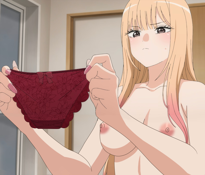 1girls, absurdres, anime screenshot, blonde hair, blush, bow, bow panties, collarbone, female, gyaru, highres, holding, holding panties, holding underwear, holding unworn clothes, kitagawa marin, long hair, nail polish, nude filter, panties, pink nails, red eyes, red panties, sono bisque doll wa koi wo suru, stitched, third-party edit, underwear, unworn panties