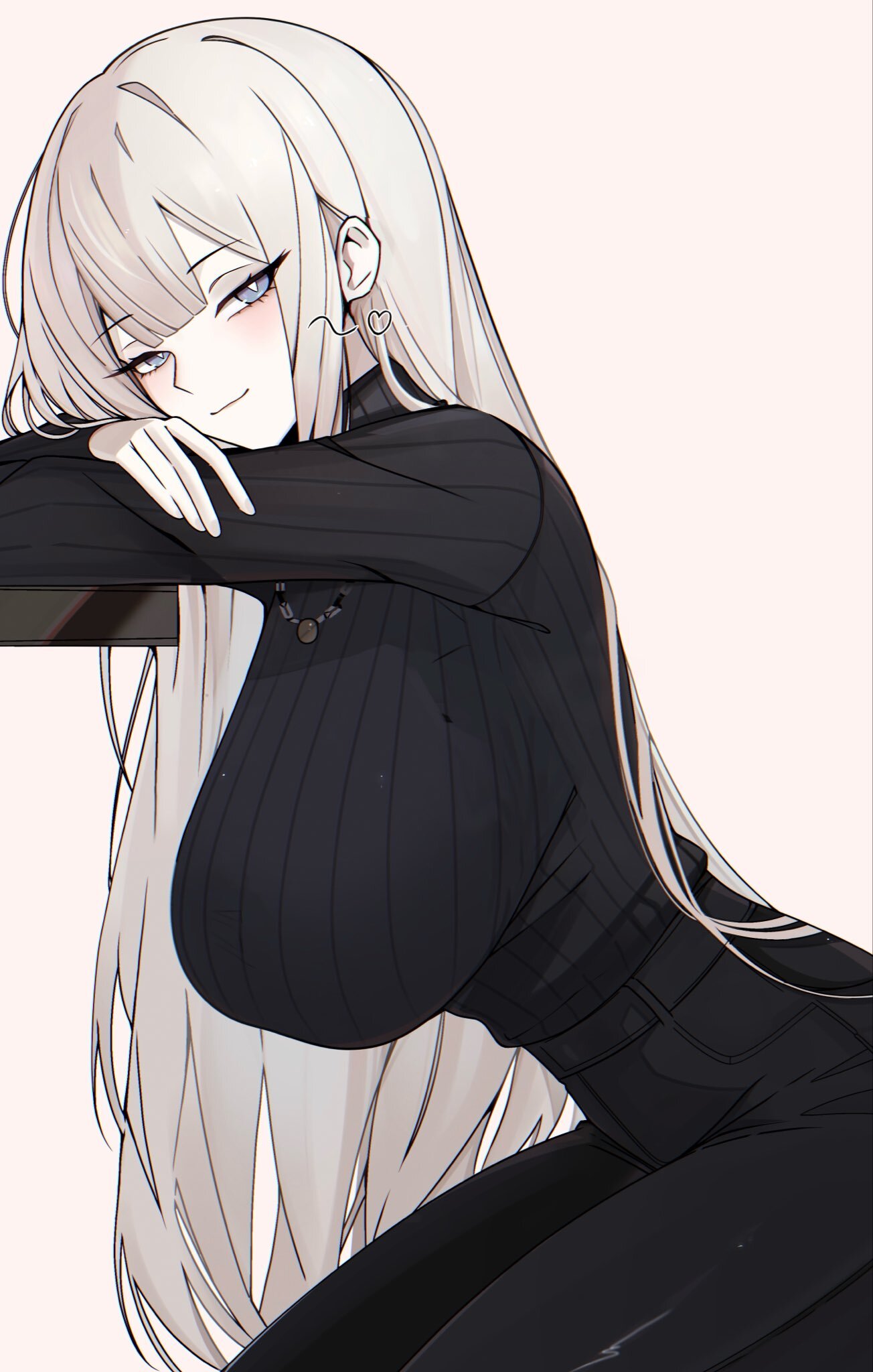 angelica (library of ruina), bangs, blue eyes, blush, breasts, eyebrows visible through hair, eyelashes visible through hair, female, female focus, female only, formal wear, fully clothed, large breasts, leaning, leaning forward, leaning on object, leaning on table, library of ruina, light skin, light-skinned female, long hair, long sleeves, looking at viewer, m ayonessa, married female, necklace, project moon, smile, smiling at viewer, solo, sweater, thighs, turtleneck, turtleneck sweater, white background, white hair