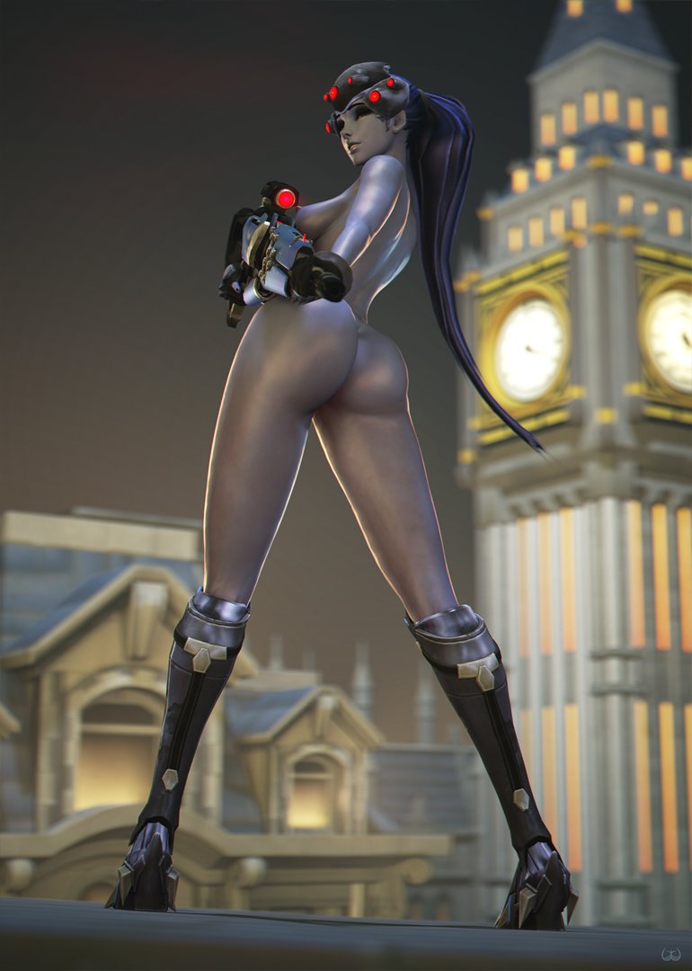 3d, arched back, athletic, athletic female, back view, blizzard entertainment, blue body, blue skin, blue skinned female, busty, female, female focus, female only, gun, hourglass figure, looking at viewer, looking back, naked footwear, nude, nude female, nudity, overwatch, smile, sniper, sniper rifle, solo, solo female, standing, tagme, viewed from behind, weapon, wide hips, widowmaker, wildynsfw