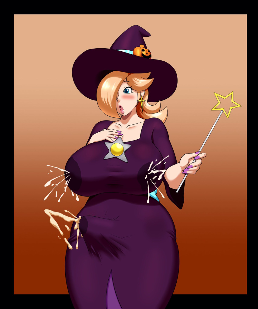 1futa, big breasts, bimbo, blonde hair, blue eyes, blush, breasts, brooch, bulge, casual nudity, cleavage, clothed, clothing, cum, cum through clothes, cum through clothing, cumshot, dress, earrings, ejaculation, erection, erection under clothes, erection under dress, fully clothed, futa only, futanari, hair over one eye, hand on chest, hands-free, handsfree ejaculation, huge breasts, intersex, lactation, lactation without expressing, large breasts, lips, lipstick, long hair, looking to the side, mario (series), mario kart, mario kart tour, milk stain, nail polish, nintendo, nipples visible through clothing, no bra, open mouth, penis, penis under dress, plump, princess rosalina, princess rosalina (halloween), revealing clothes, solo, speeds, star earrings, star wand, sunshy, tagme, tenting, wand, wide hips, witch, witch hat