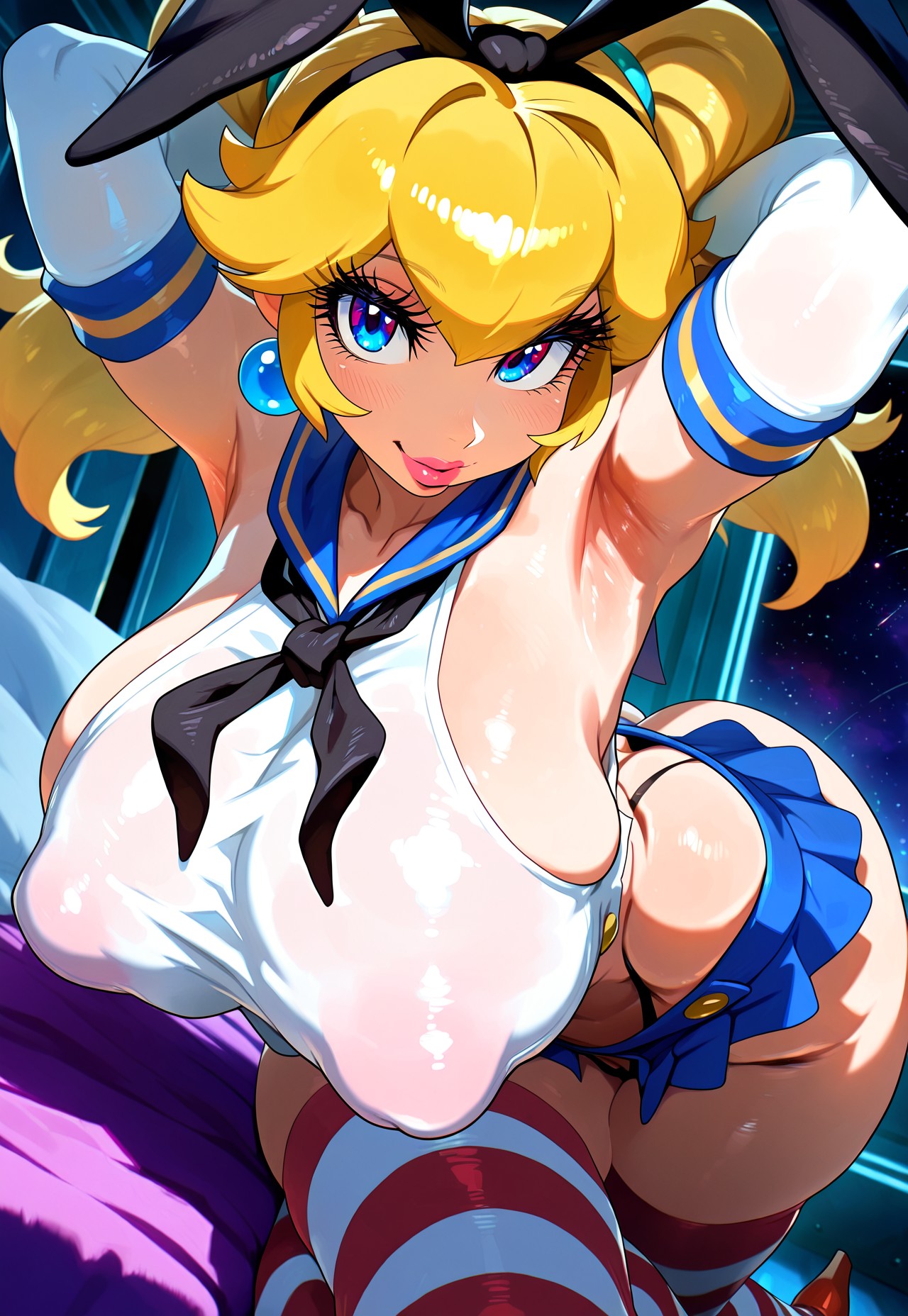 1girls, ai generated, artist request, ass, big ass, big breasts, blonde hair, blue eyes, breasts, clothed, cosplay, female, female only, highres, huge ass, huge breasts, kantai collection, large ass, large breasts, mario (series), princess peach, shimakaze (kantai collection) (cosplay), source request