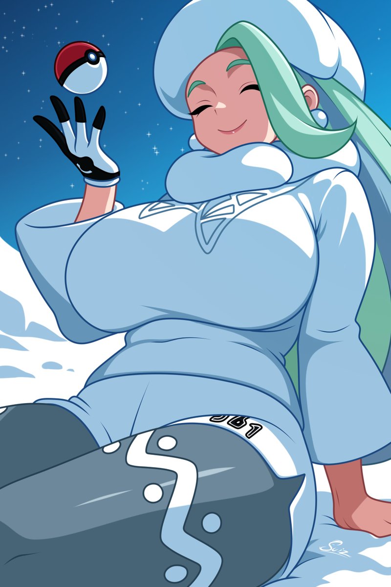 1girls, alternate breast size (larger), arm support, big breasts, breasts, closed eyes, earrings, female, female only, fur collar, fur hat, game freak, gloves, hat, highres, huge breasts, jewelry, large breasts, long hair, long sleeves, mature female, melony (pokemon), multicolored hair, nintendo, pantyhose, pantyhose under shorts, pearl earrings, plump, pokemon, pokemon ss, pokemon swsh, ring, shorts, side slit, side slit shorts, single glove, smile, solo, streaked hair, su1zide, sweater, ushanka, wedding ring, white hat, white sweater