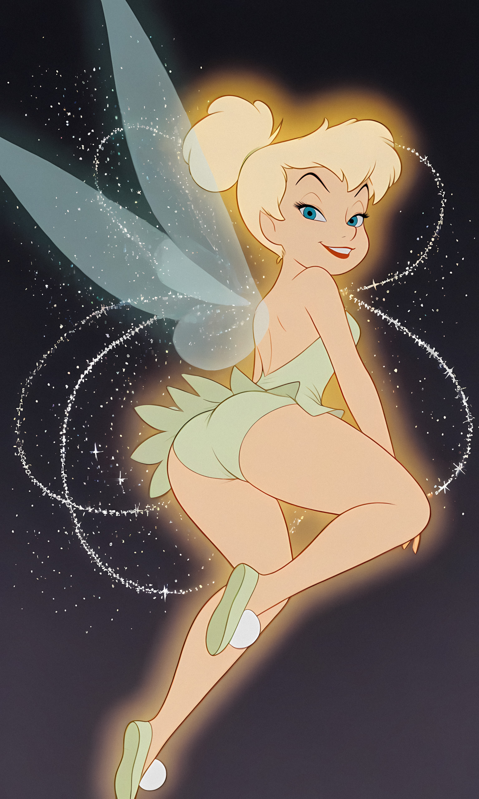 1girls, ai generated, ass, back, bare shoulders, bedroom eyes, blonde hair, blue eyes, breasts, disney, fairy, female, full body, hair bun, half-closed eyes, khenai, legs, leotard peek, looking at viewer, minidress, on model, pantyshot, peter pan (disney), seductive smile, small breasts, smile, solo, strapless dress, teasing, tinker bell, upskirt, wings