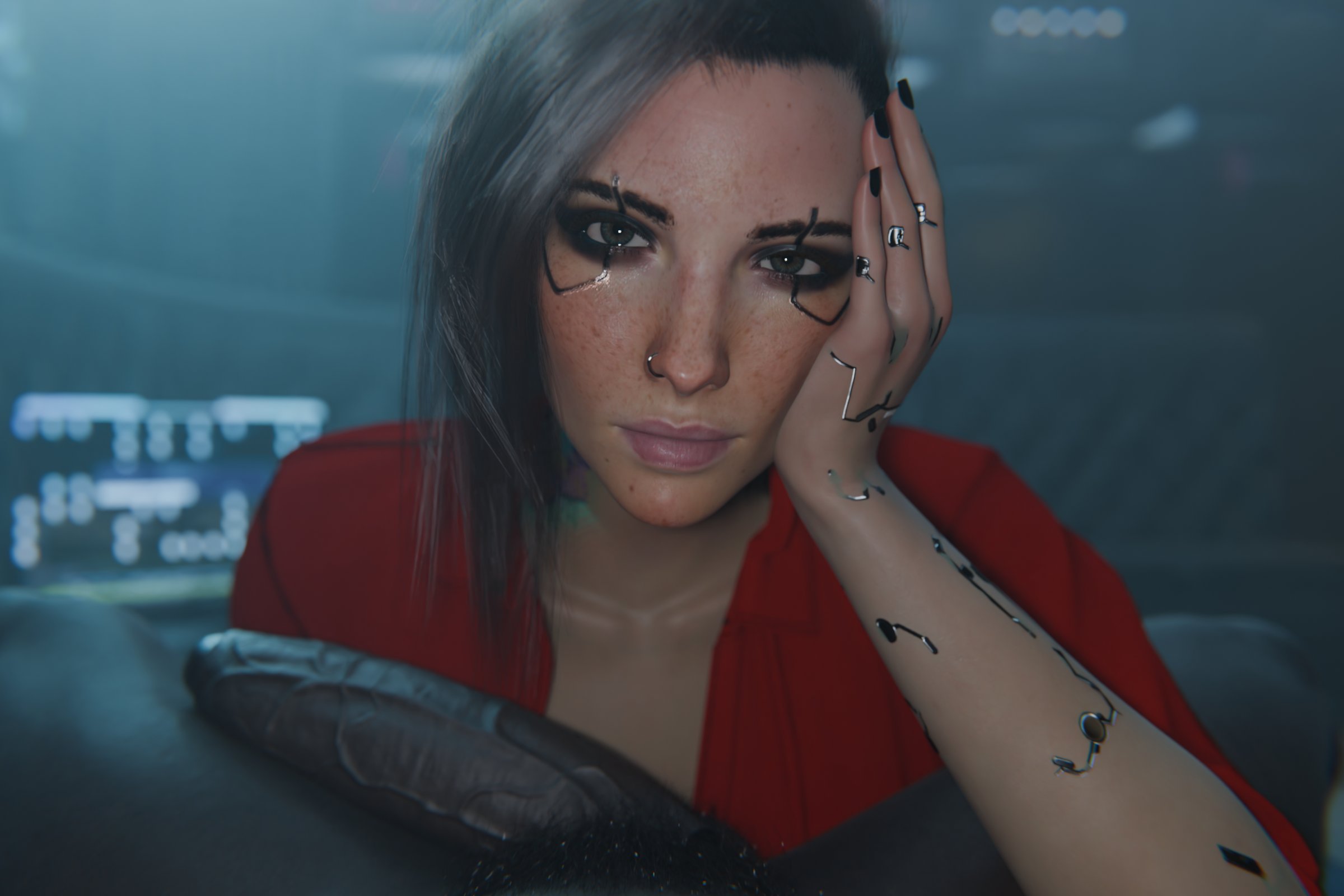 1boy, 1girls, 3d, close-up, cyberpunk 2077, dark-skinned male, eyes, face, half mask, looking at viewer, nothzard, penis, pov, pov eye contact, tagme, valerie (cyberpunk 2077)