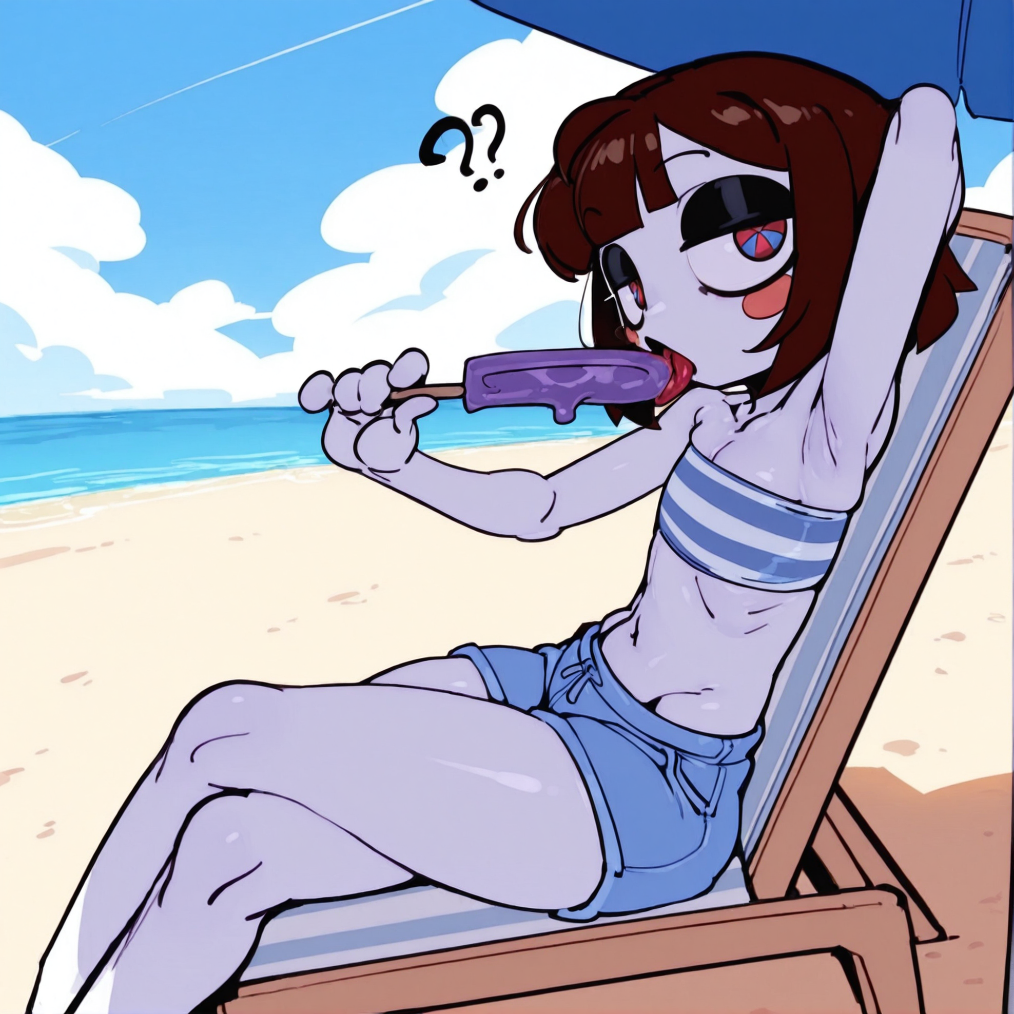 ?, 1girls, ai generated, arm up, armpit, beach, beach umbrella, breasts, female, licking popsicle, narrowed eyes, pale skin, pale-skinned female, pomni, pomni (beach outfit), pomni (tadc), pomni (the amazing digital circus), popsicle, popsicle in mouth, question mark, skinny, small breasts, solo, swimsuit, the amazing digital circus, thin female, unusual pupils, white body, white skin