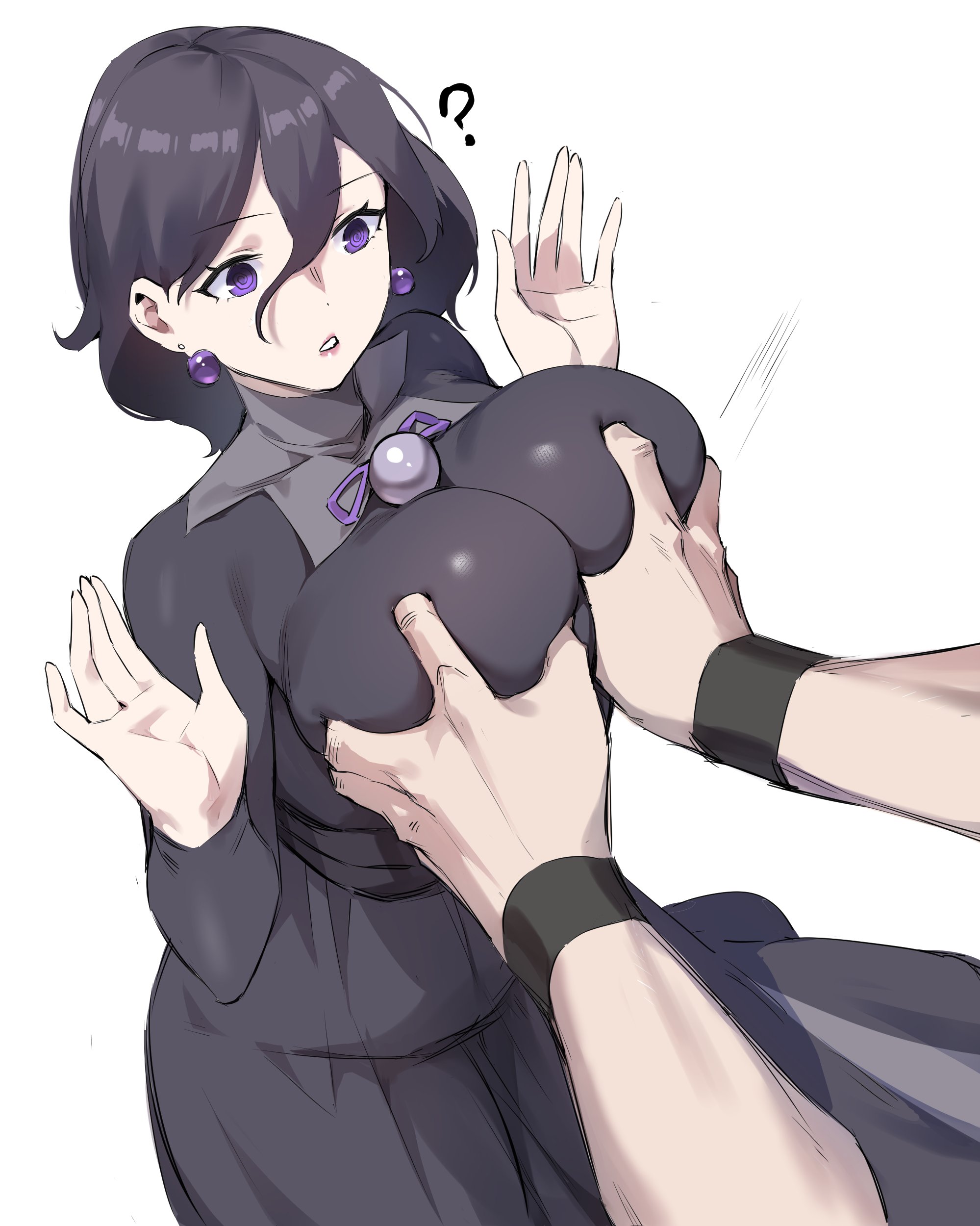 ?, @ @, 1boy, 1girls, absurdres, big breasts, black corset, black dress, black hair, breasts, commentary, corset, cowboy shot, dawalixi, dress, earrings, female, game freak, gem, grabbing another's breast, grabbing breasts, groping, hair between eyes, hex maniac, hex maniac (pokemon legends: z-a), highres, jewelry, large breasts, lipstick, long hair, long hair between eyes, long sleeves, looking down, makeup, male, nintendo, open hands, parted lips, pearl (gemstone), pokemon, pokemon legends: z-a, purple eyes, purple lips, purple ribbon, ribbon, simple background, solo focus, sphere earrings, standing, straight, symbol-only commentary, textless version, white background, wristband