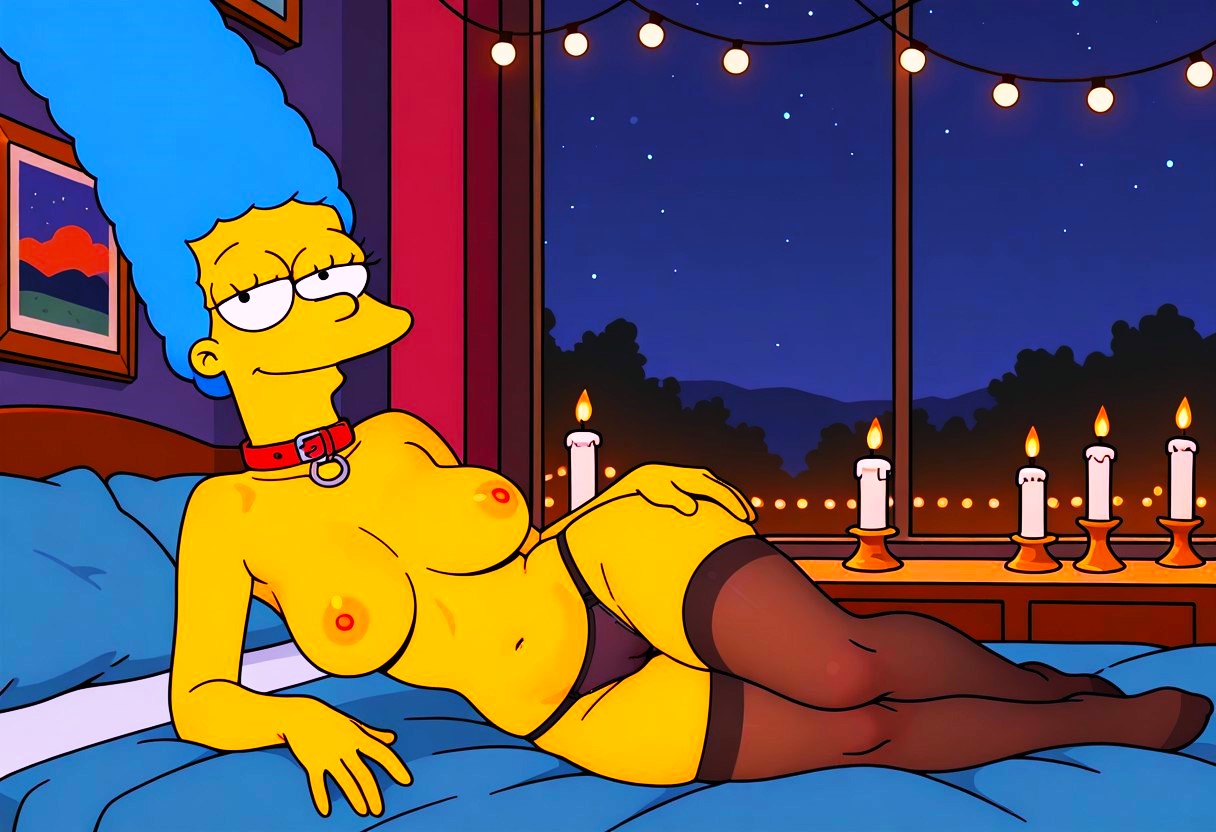 ai generated, artist request, breasts, breasts out, candles, female, laying on bed, marge simpson, panties, stockings, the simpsons