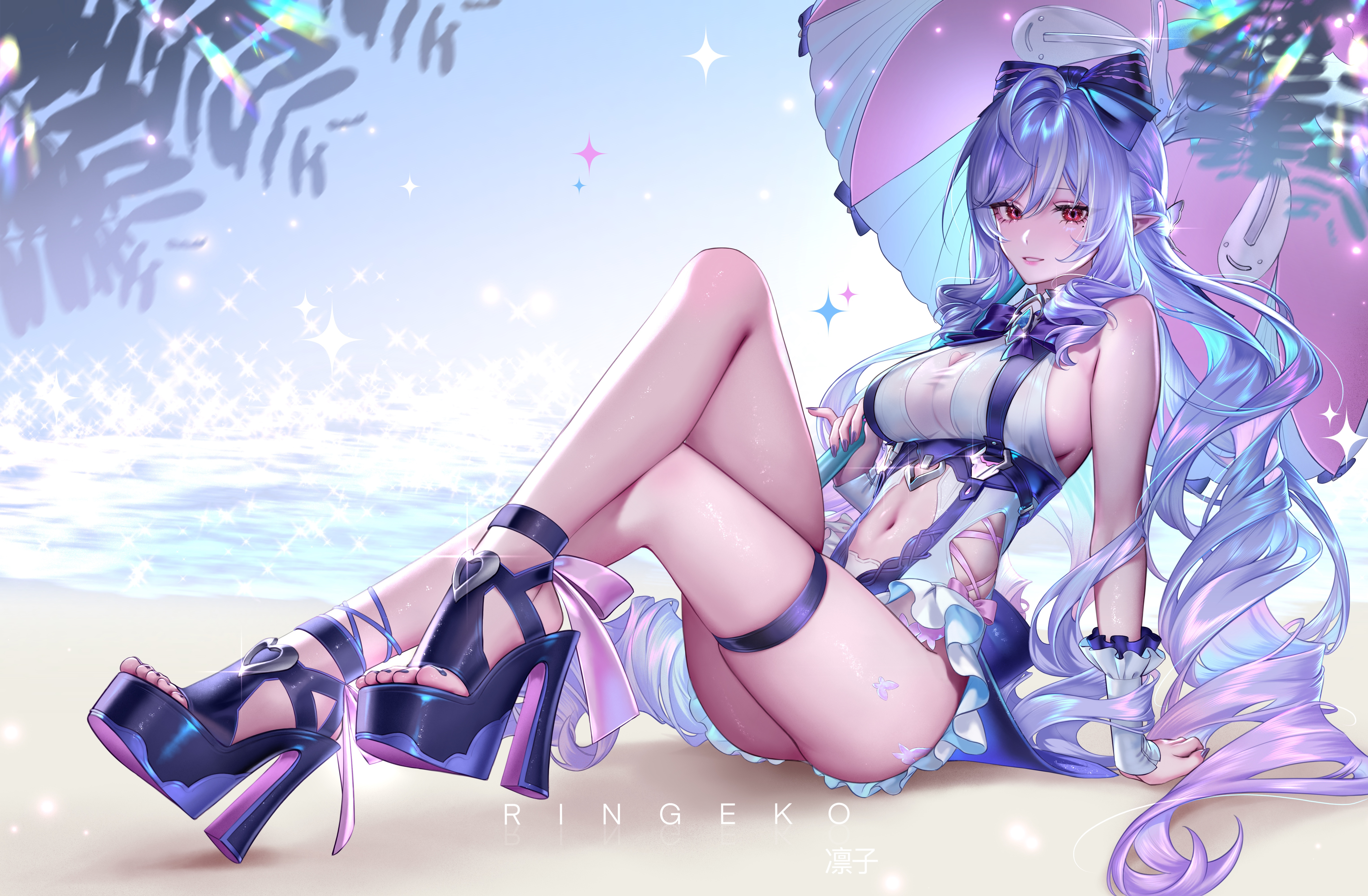 1girls, absurdres, artist name, bare shoulders, bow, breasts, clothing cutout, commentary, crossed legs, feet, female, female only, fingernails, full body, hairbow, heart cutout, high heel sandals, highres, holding, holding umbrella, large breasts, lavender hair, long hair, looking at viewer, mole, mole under eye, nail polish, navel, official alternate skin color, one-piece swimsuit, outdoors, parasol, parted lips, pointy ears, purple bow, purple hair, purple nails, purple sandals, red eyes, ringeko chan, ringeko-chan, sandals, sideboob, sidelocks, sitting, solo, stomach, stomach cutout, swimsuit, thigh strap, thighs, toenail polish, toenails, toes, umbrella, very long hair, vivian (zenless zone zero), vivian banshee, vivian banshee (iris of the shore), white one-piece swimsuit, zenless zone zero