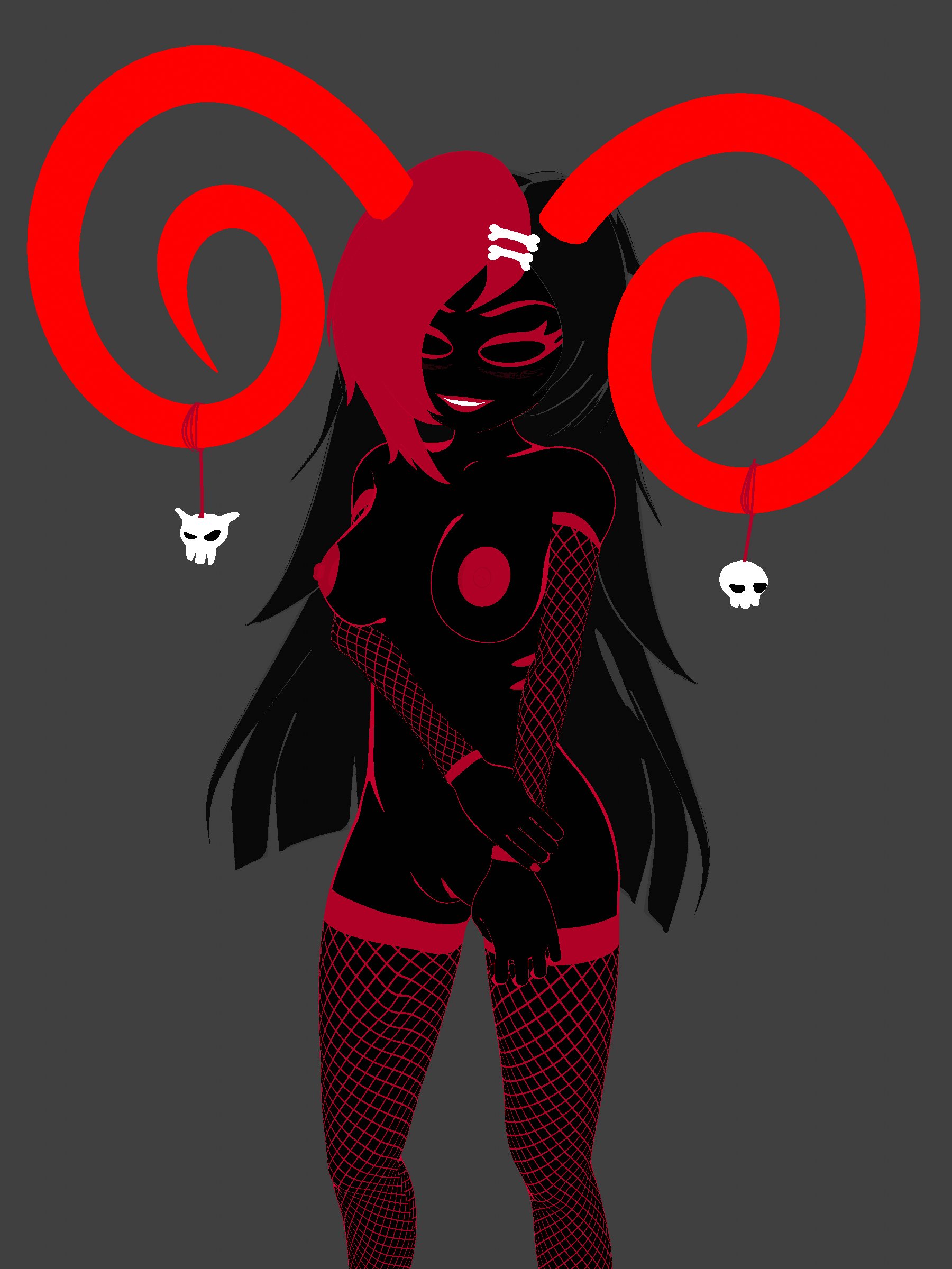 1girls, 3d, 3d model, alien, alien humanoid, ancestor (homestuck), aradia megido, beforan ancestor, black skin, bone hair ornament, color, colored, female, female focus, female only, fishnet armwear, fishnet legwear, fishnet stockings, fishnets, hair over one eye, hair streak, homestuck, homestuck troll, horn, horns, humanoid, lingerie, lipstick, long hair, long-haired female, makeup, nuke84, skull ornament, solo, solo female, the rankmaid, troll
