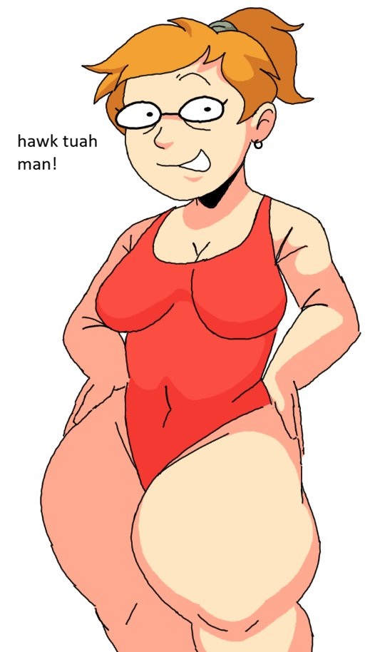 big breasts, bikini, earrings, funny text, glasses, hands on hips, hips wider than shoulders, looking at viewer, ponytail, red hair, smiling friends, text, thick hips, thick thighs, zoey (smiling friends)