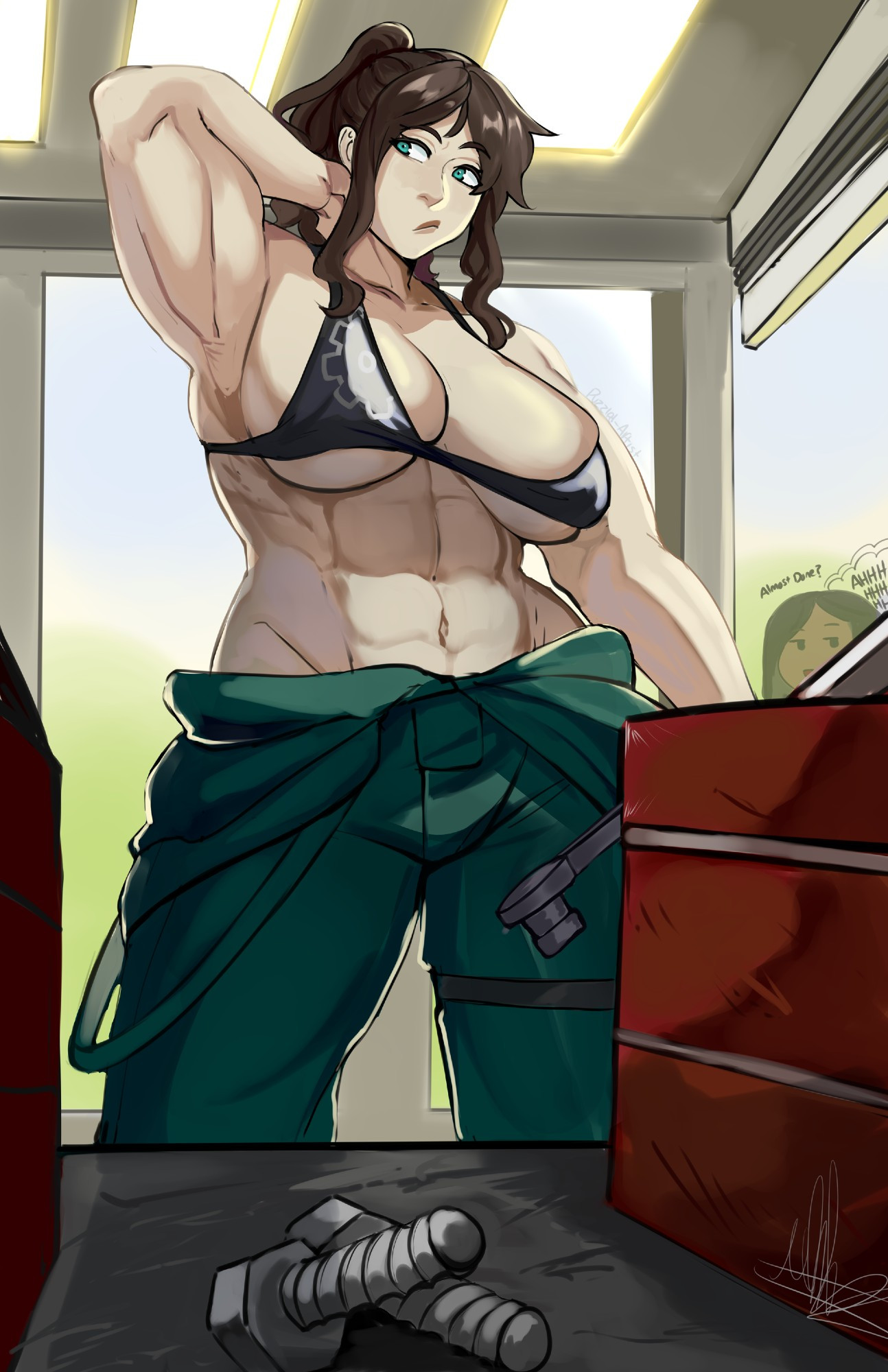 2025, 2d, 2girls, abs, bikini, breasts, brown hair, color, female, green eyes, large breasts, looking for something, mechanic, mechanic coveralls, muscular, muscular abs, muscular female, original, original character, original characters, pervert female, puzzled artist, searching, tagme, watching, watching from afar