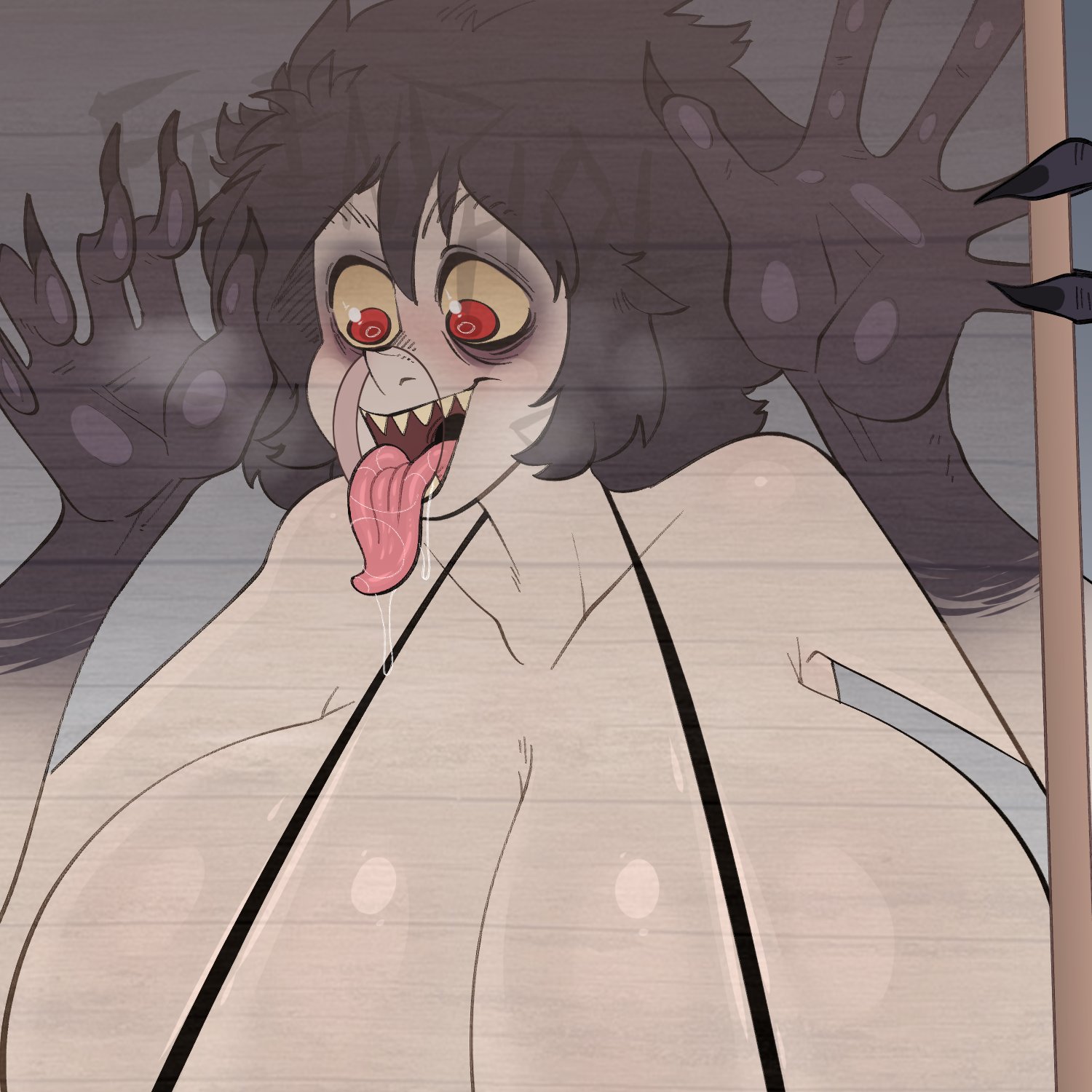 alternate version at source, alternate version available, bikini, bikini top, black hair, breasts, claws, female, hole in wall, huge breasts, imminent oral, imminent sex, large breasts, long tongue, monster, monster girl, nericurls, pale skin, pointy nose, possible death, red eyes, sharp teeth, skraeling (seztren), steam, steamy breath, x-ray