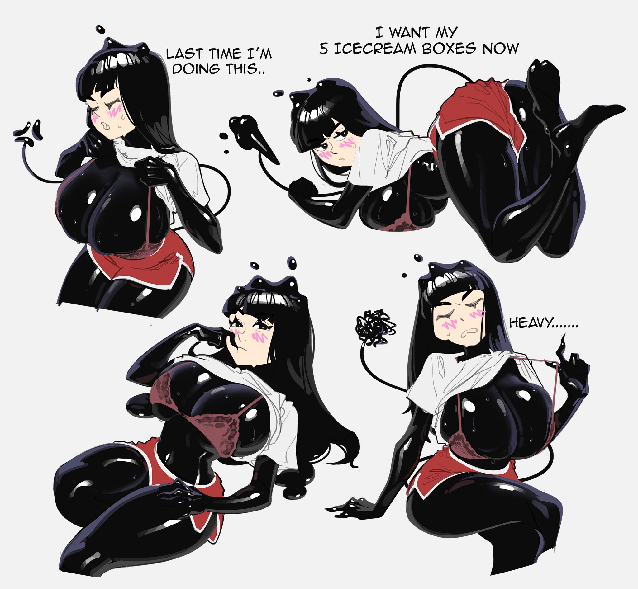 2024, 2d, black hair, blush, bra, breasts, embarassed, feet, female, flashing, huge breasts, iamunagii, large breasts, liquid body, liquid hair, liquid latex, multiple images, original, original character, posing, shiny, shiny body, shiny skin, shirt, shorts, showing breasts, slime, slime girl, sumi (iamunagii), thick thighs, white skin