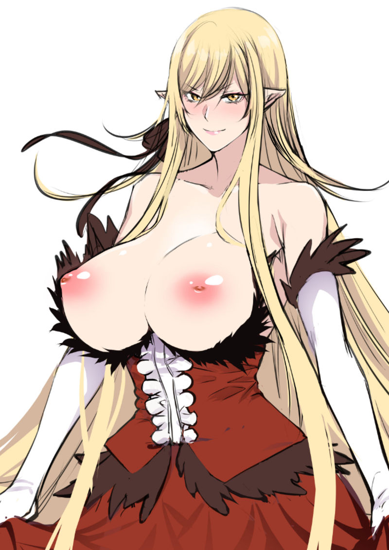 bakemonogatari, bare shoulders, blonde hair, blush, breasts, dress, female, fur trim, inverted nipples, kiss-shot acerola-orion heart-under-blade, kizumonogatari, large breasts, long hair, looking at viewer, monogatari (series), nipples, oshino shinobu, pointy ears, red dress, shiny skin, simple background, sketch, smile, solo, vampire, very long hair, white background, yellow eyes, zucchini
