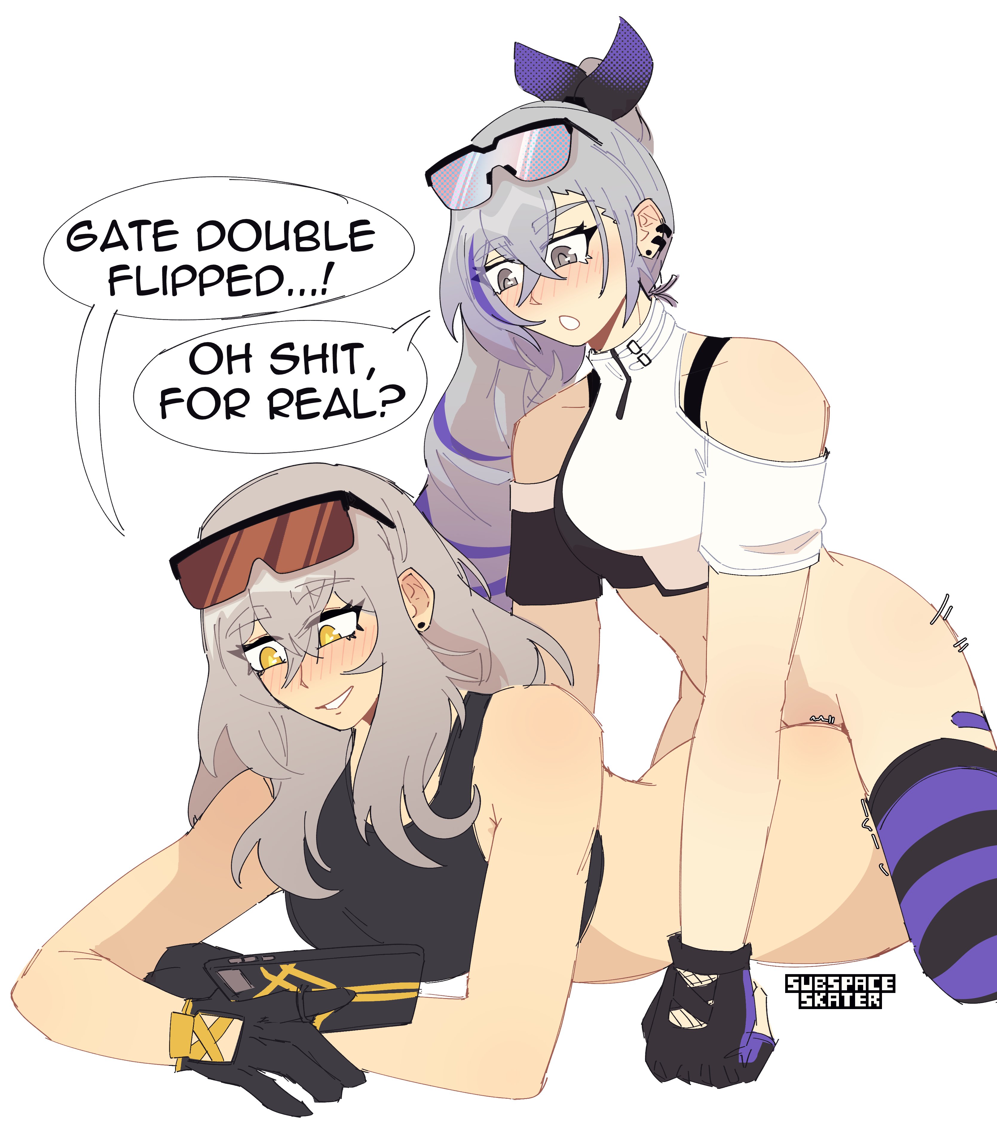 anal, anal penetration, anal sex, backshots, blush, blushing, clothed, clothes, clothing, dickgirl, distracted, female, female focus, fucked, fucked from behind, futa on female, futanari, gloves, grey hair, honkai: star rail, long hair, no pants, no skirt, playing, playing videogame, prone bone, prone bone position, shades, silver wolf (honkai: star rail), silver wolf (lv.999) (honkai: star rail), stelle (honkai: star rail), subspaceskater, trailblazer (honkai: star rail), yuri