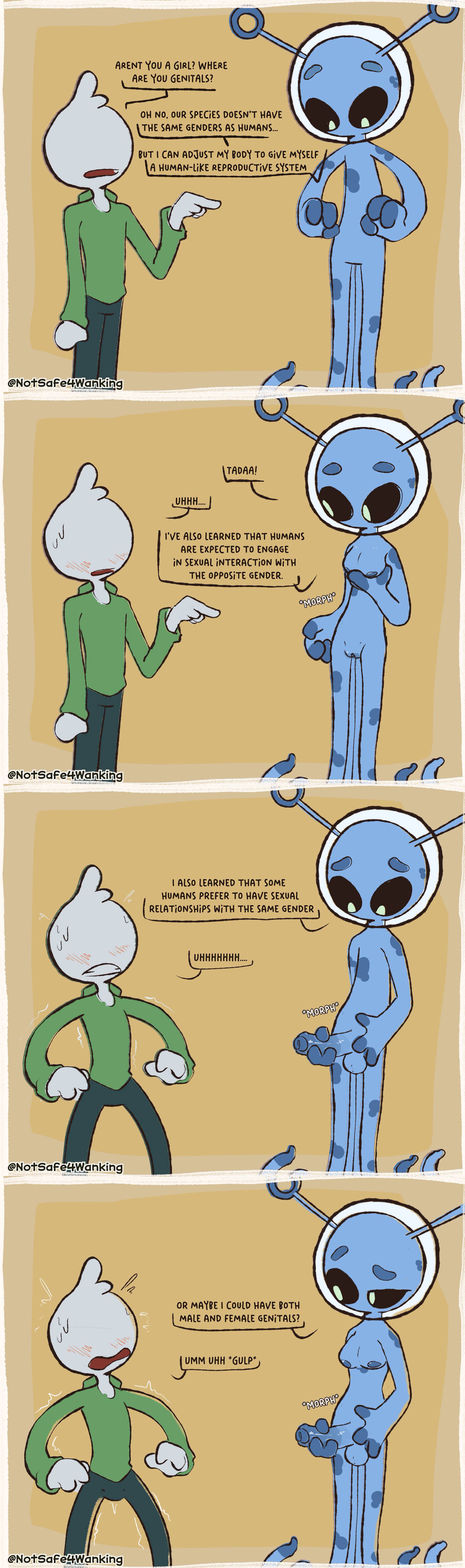 1girls, 2boys, alien, ambiguous gender, anonymous character, anonymous male, balls, blue, blush, breasts, buldge, dialogue, erection, futanari, humanoid, humanoid penis, intersex, male, notsafeforwanking, panels, penis, pussy, shapeshifter, simple background, smooth balls, smooth penis, standing, text, vagina